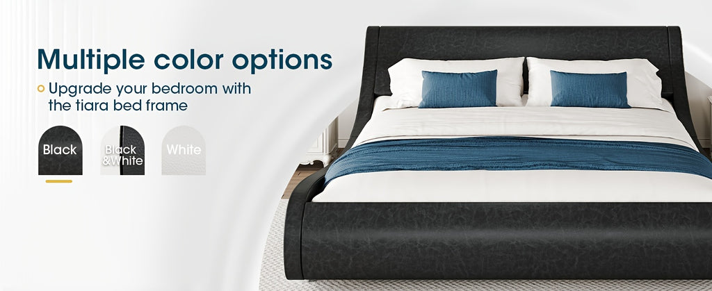 WEEWAY Modern Upholstered Platform Bed Frame, Faux Leather Sleigh Bed With Adjustable Headboard, Strong Wood Slats Support, No Box Spring Needed