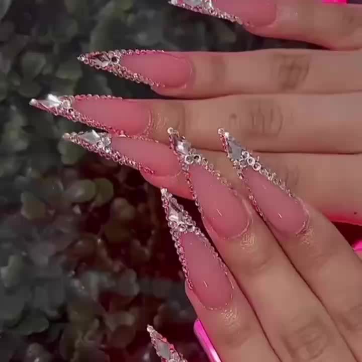 {Set Of 10} Charming French Sparkling Long Rectangular Hand-pressed Nails