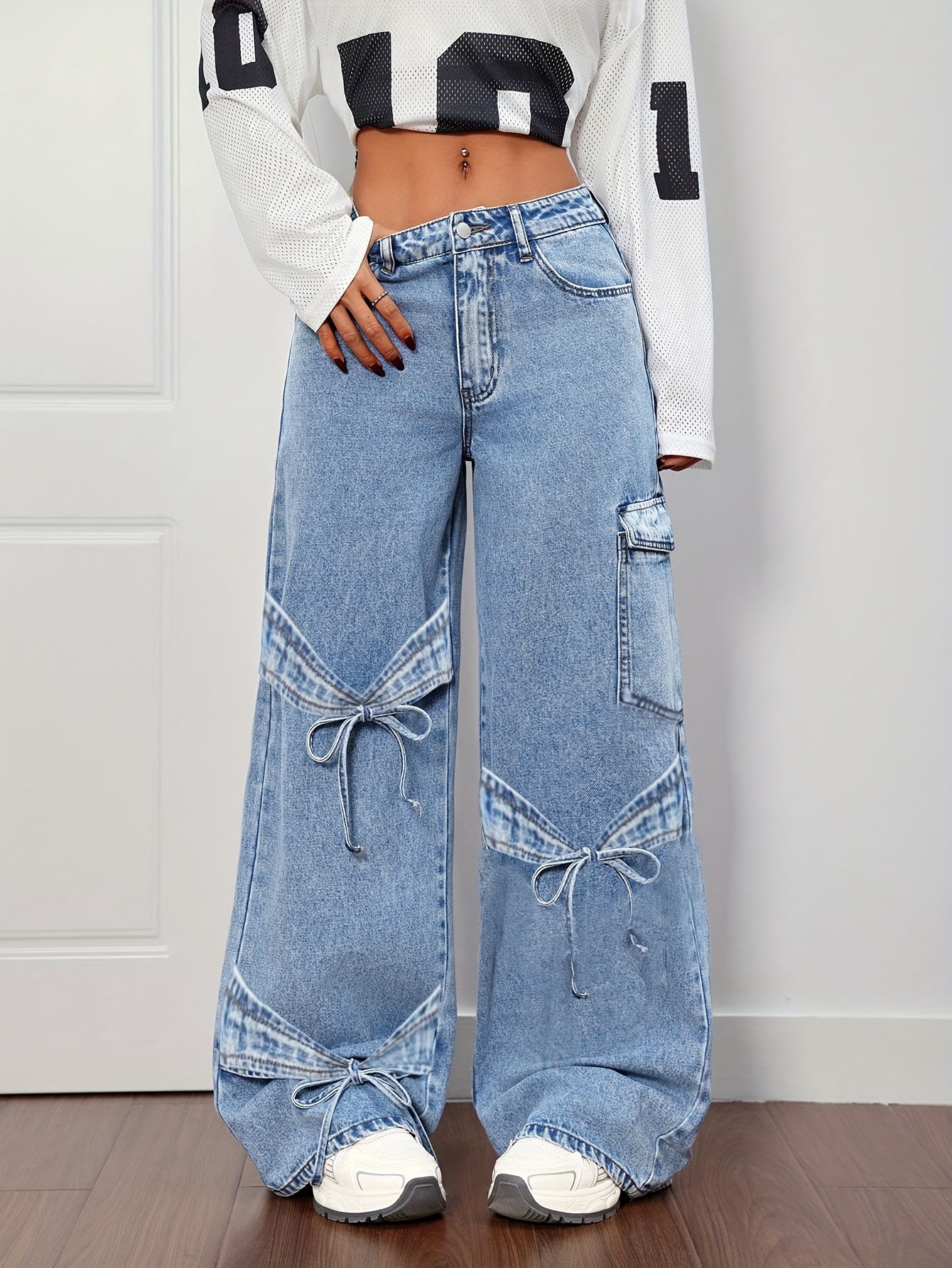 Denim Curved Bow Side Pocket Straight Trousers