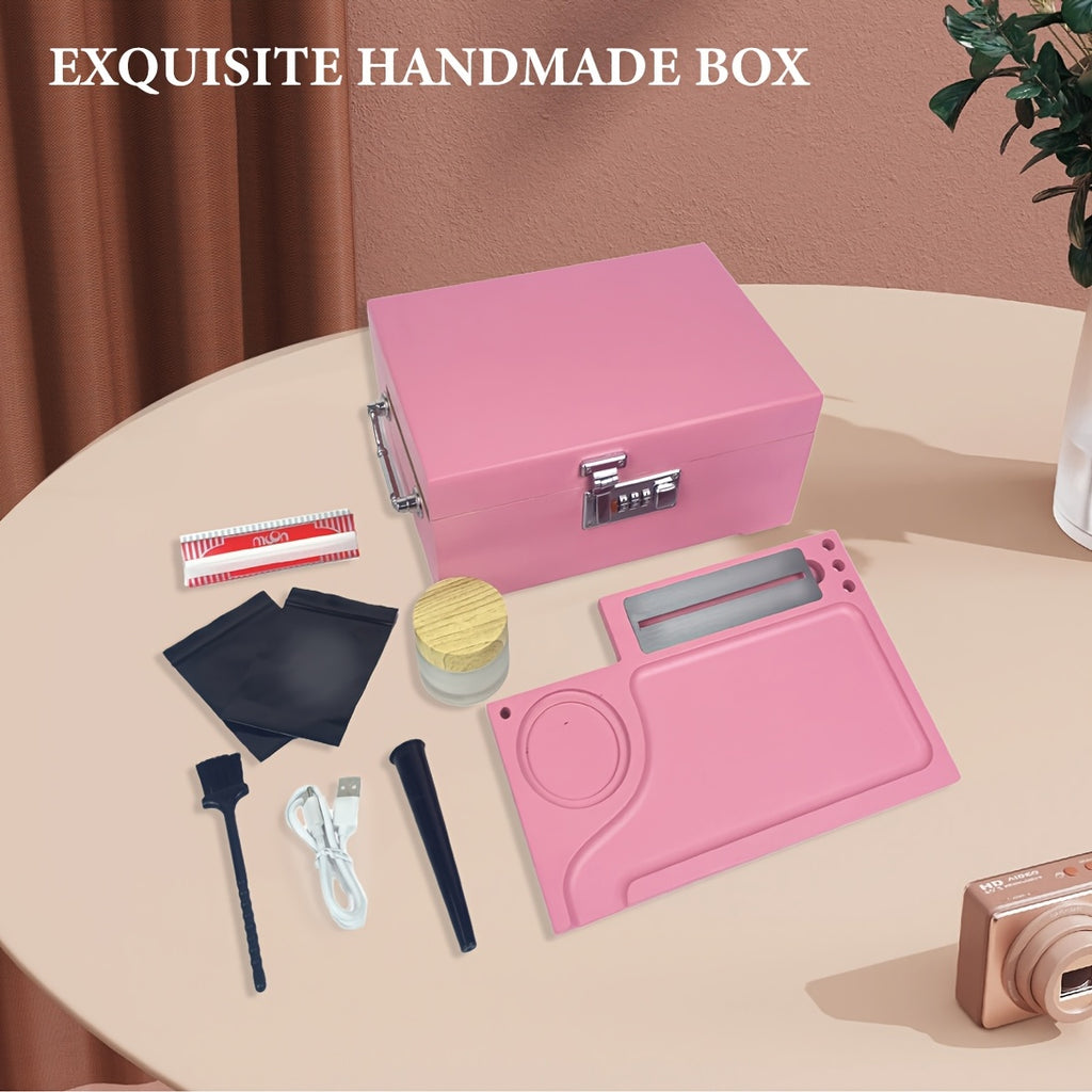 Premium Large Secure Stash Box with LED Light, Lockable Wooden Storage Organizer with Tray & Accessories