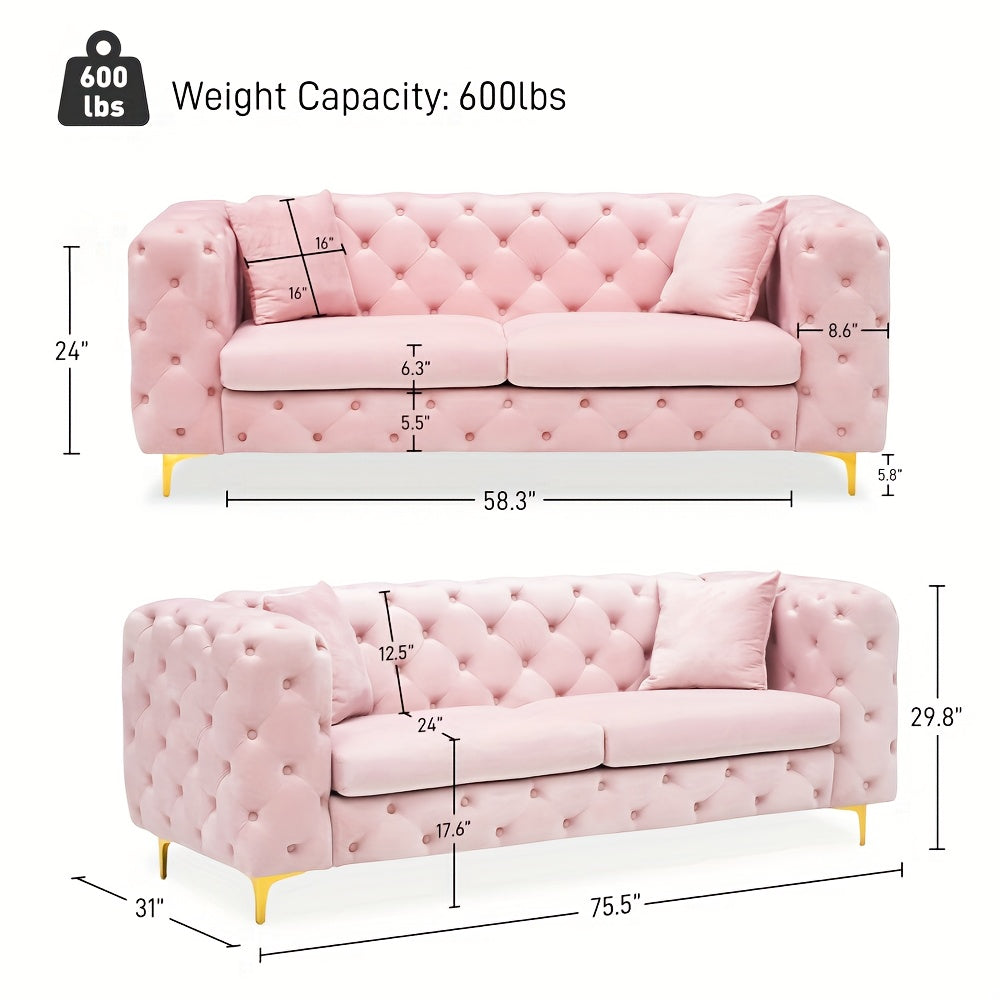 Mid-Century Modern Pink Velvet Tufted Button Sofa with Plush Cushions & Golden Metal Legs