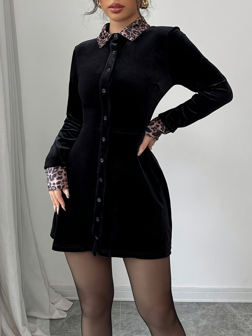 Faux Fur-like Texture A-Line Dress with Leopard Print Collar & Long Sleeves