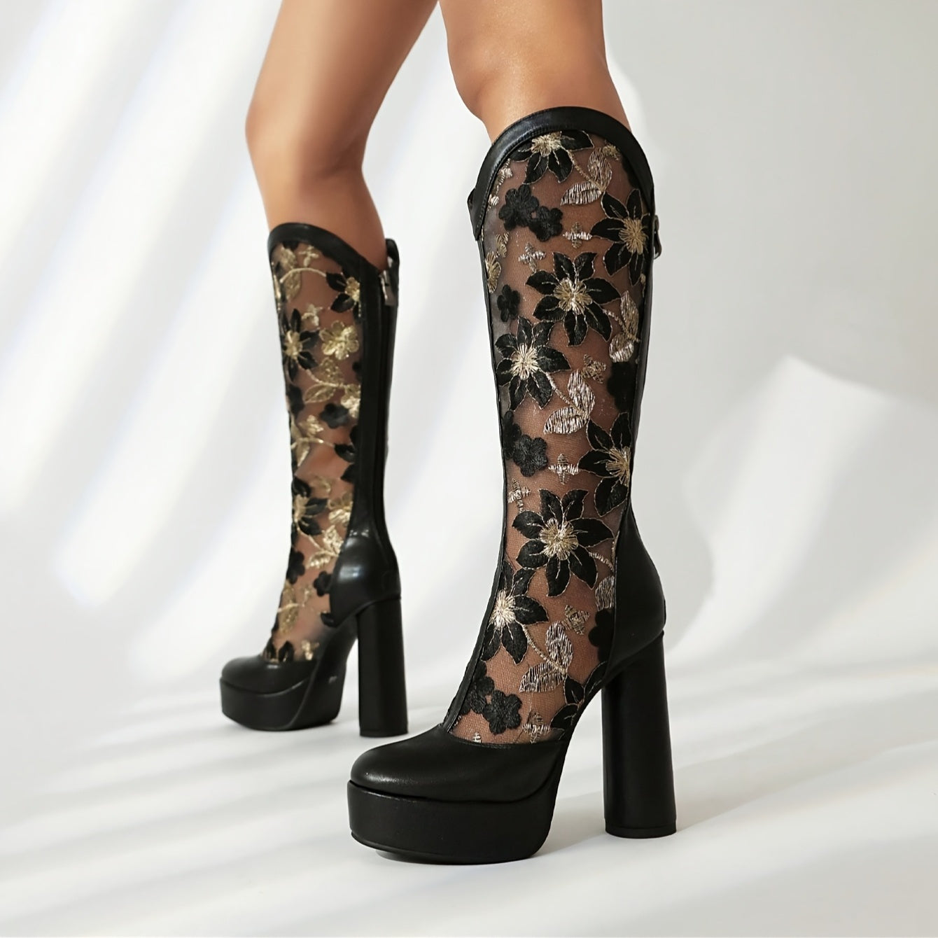 Lace Mesh Embroidered Mid-Calf Boots