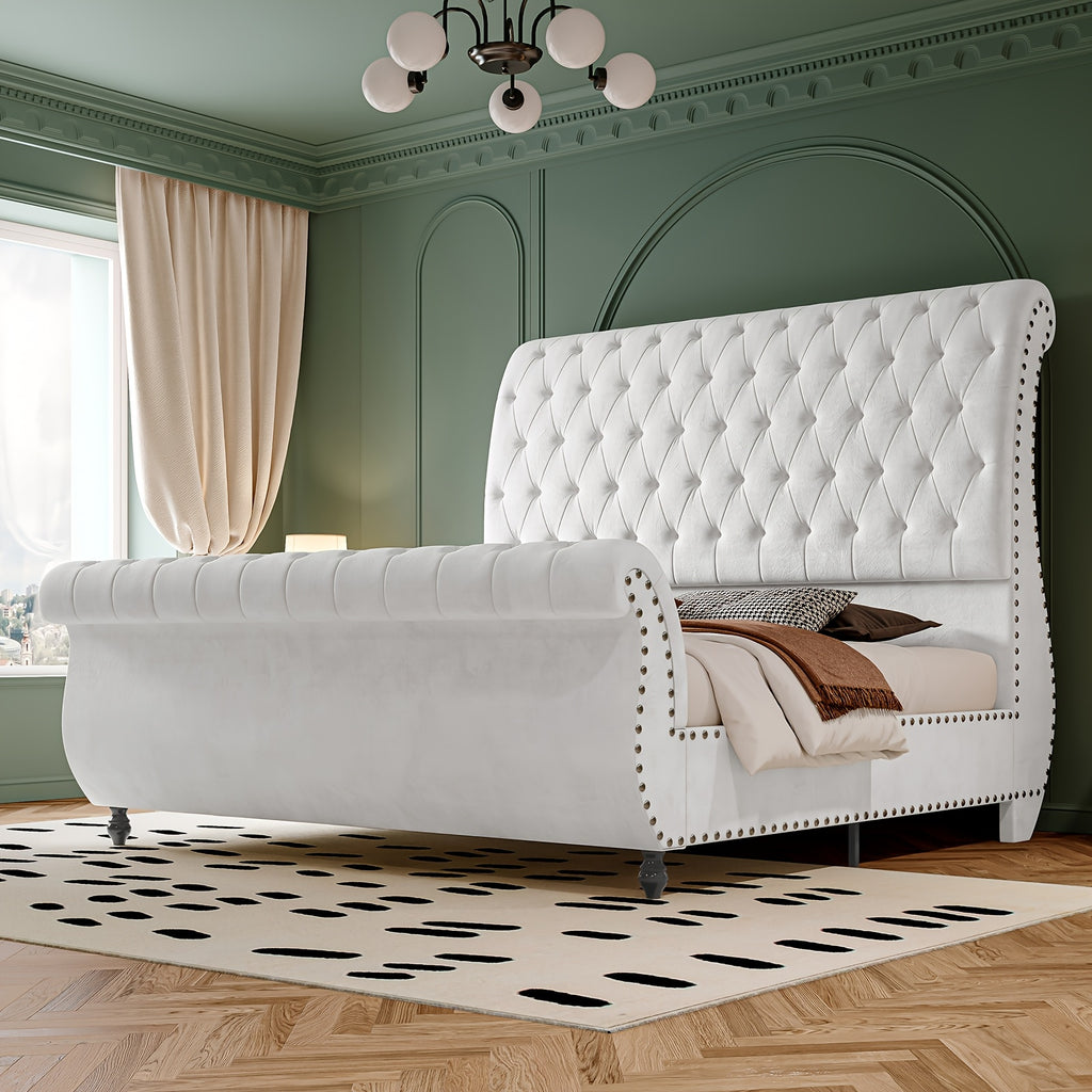 Velvet Upholstered Sleigh Bed With Scroll-Designed Headboard And Footboard