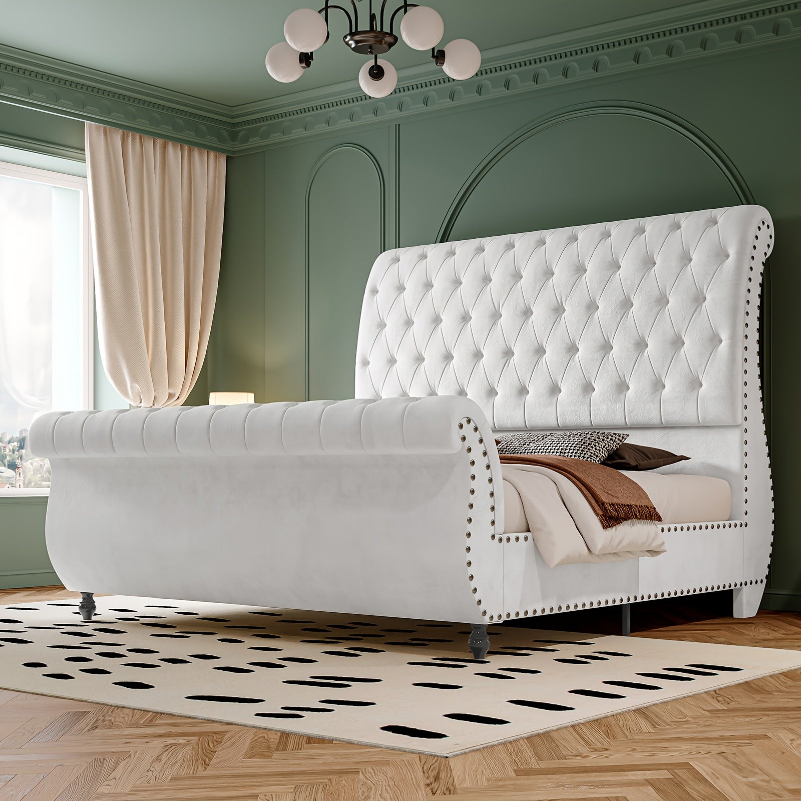 Velvet Upholstered Sleigh Bed With Scroll-Designed Headboard And Footboard