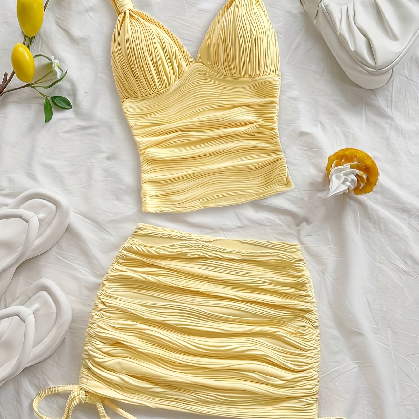 Women's Solid Color Pleated Vest and Drawstring Slim Skirt Set, Two-Piece