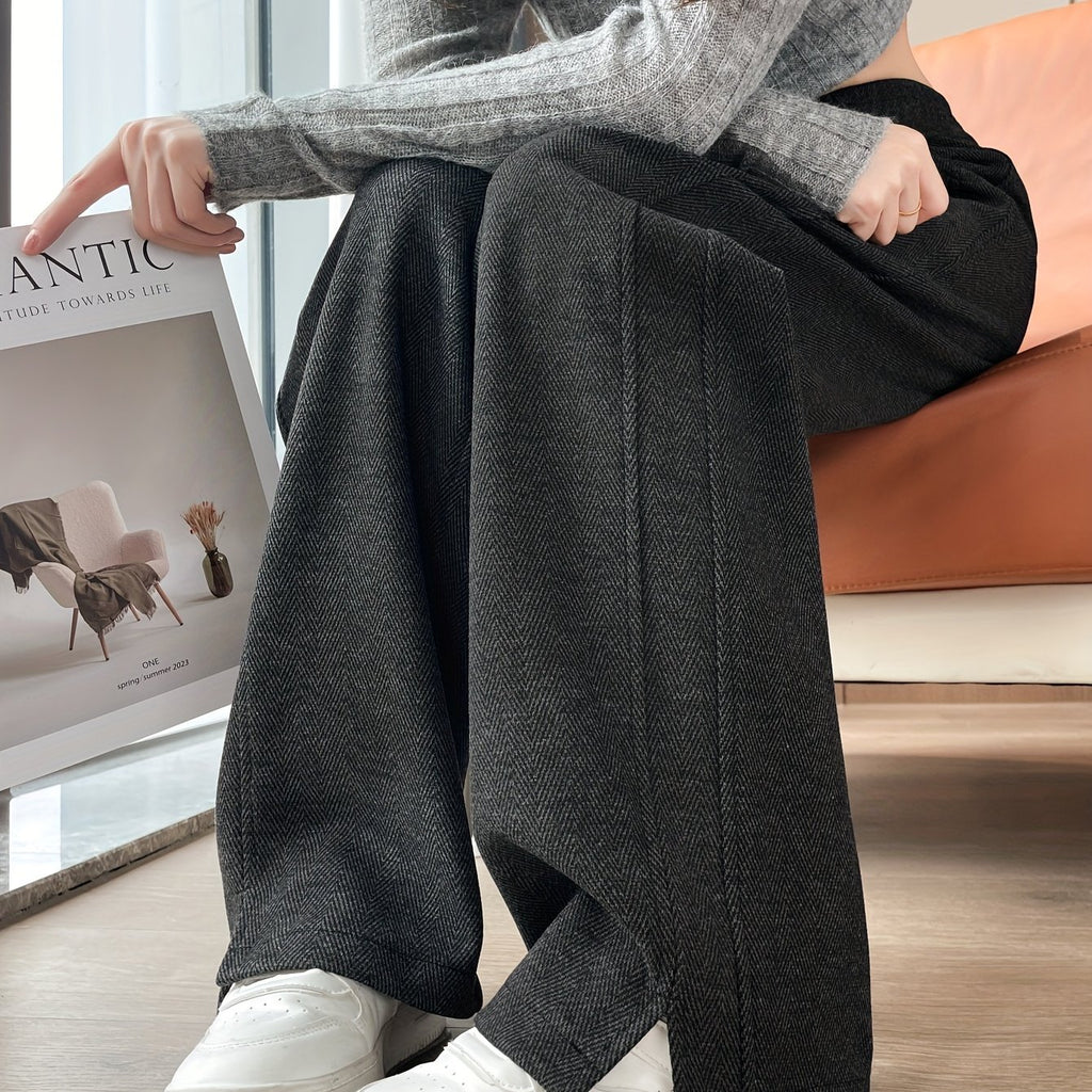 Women'S Wide-Leg Pants - Elegant Houndstooth Pattern, Elastic Waistband & Split Hem, Long Trousers for Fall/Winter, Office, Party, Everyday Outfits - Non-see-through Formal & Casual Pants, Party Attire, Geometric Pattern, Sty