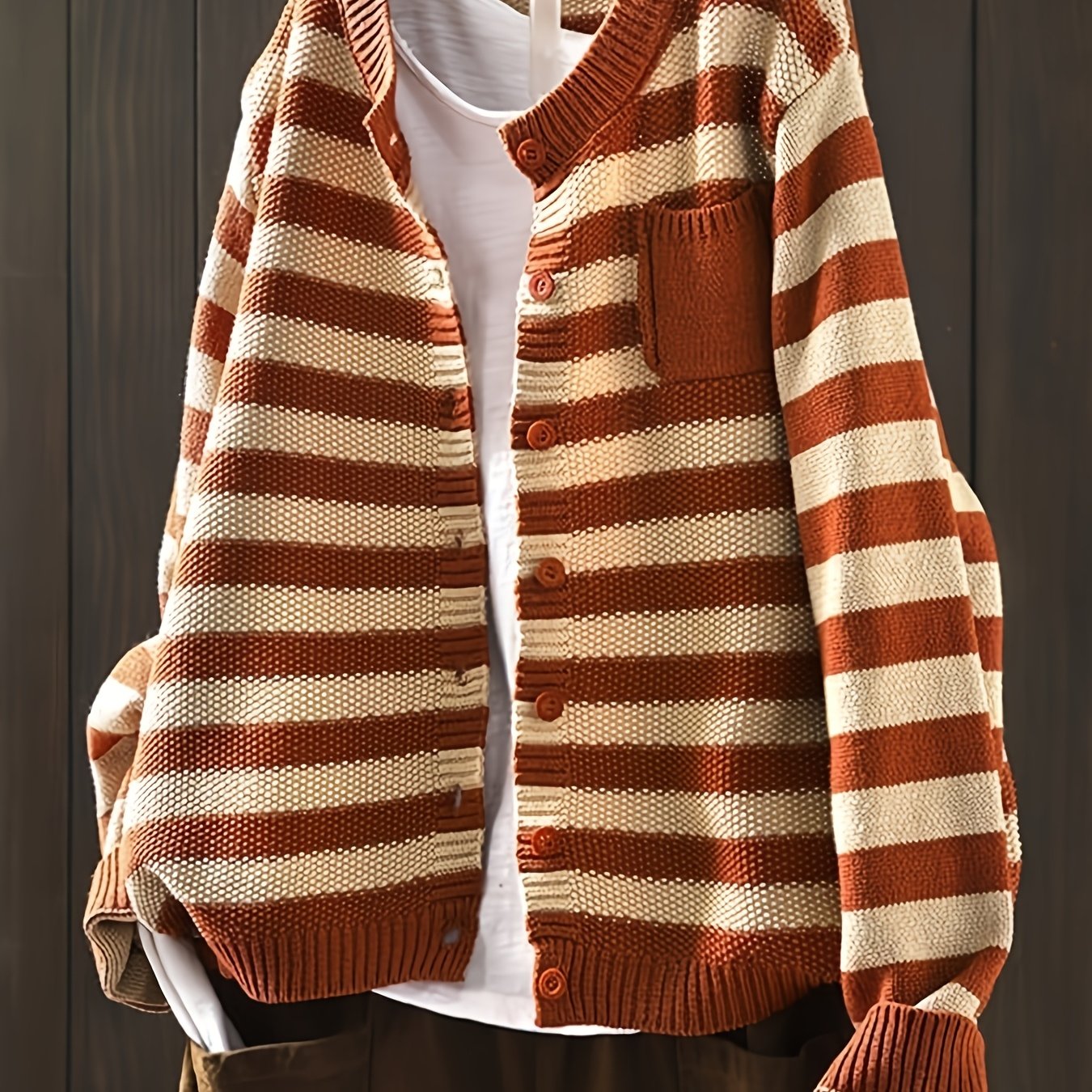 Retro Art Contrast Stripe Small Pocket Cardigan Sweater