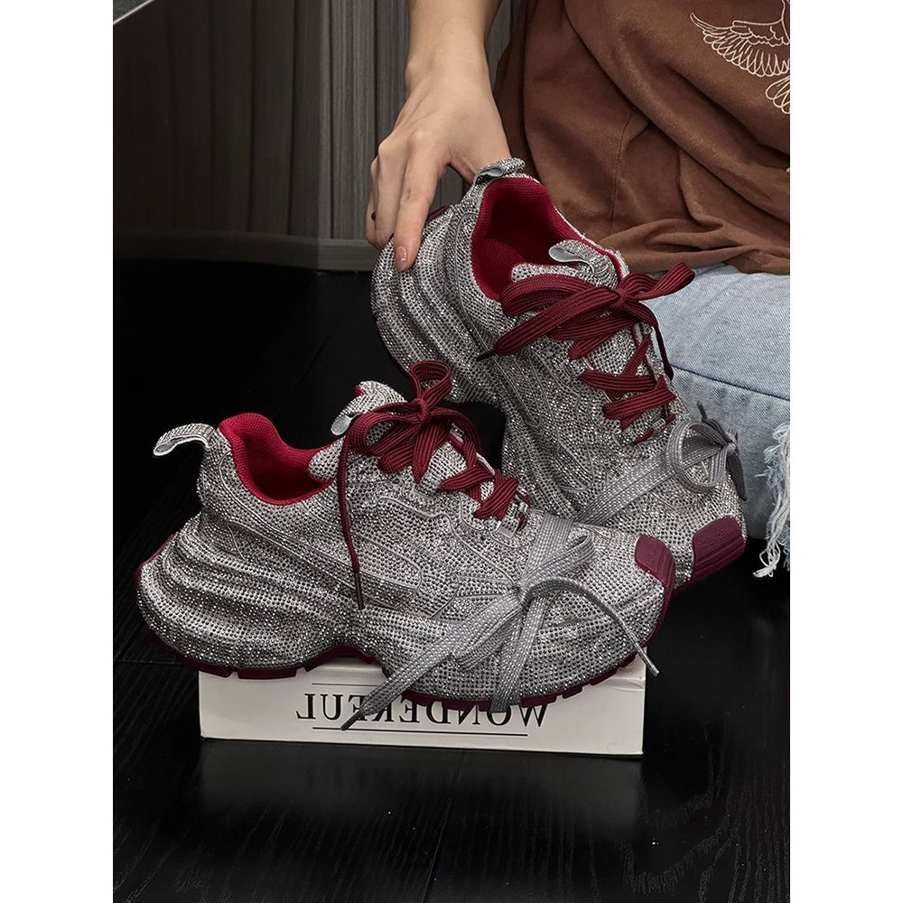 Rhinestone-Adorned Thick-Soled Dad Sneakers