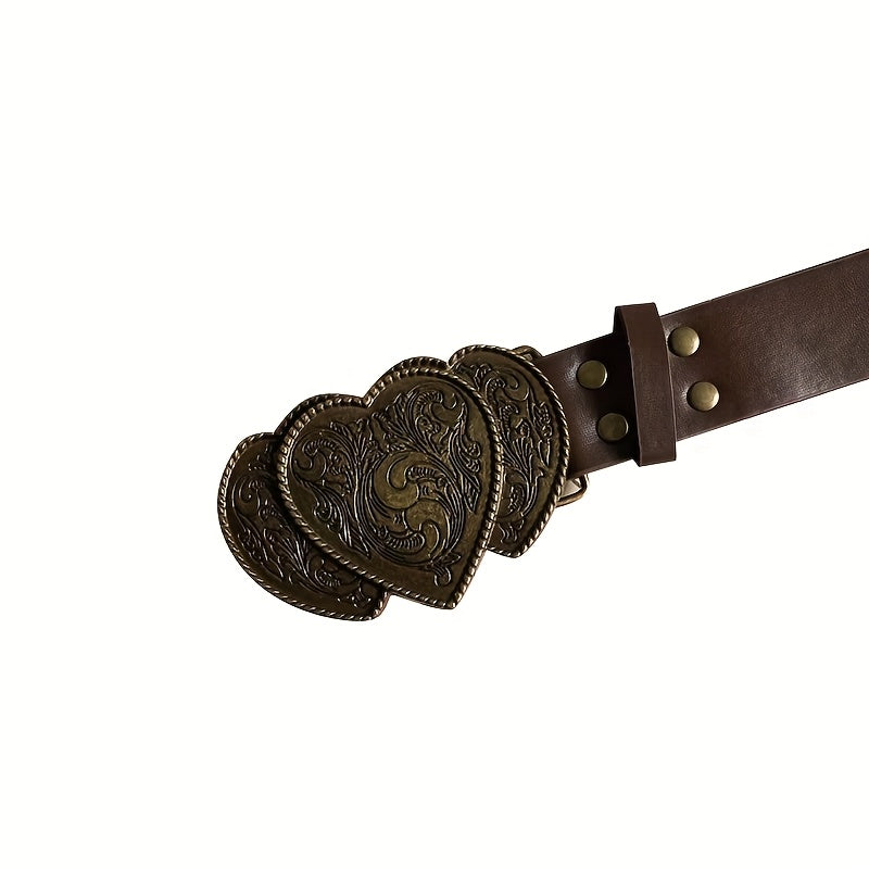 1pc Women's PU Leather Belt - Y2K Retro Bohemian Style Carved Wide Waistband with Heart-Shaped Buckle & Rivet Details, Versatile Trouser Belt for Daily Wear, Evening Out, Festive Occasions - All-Season Fashion Accessory, Even