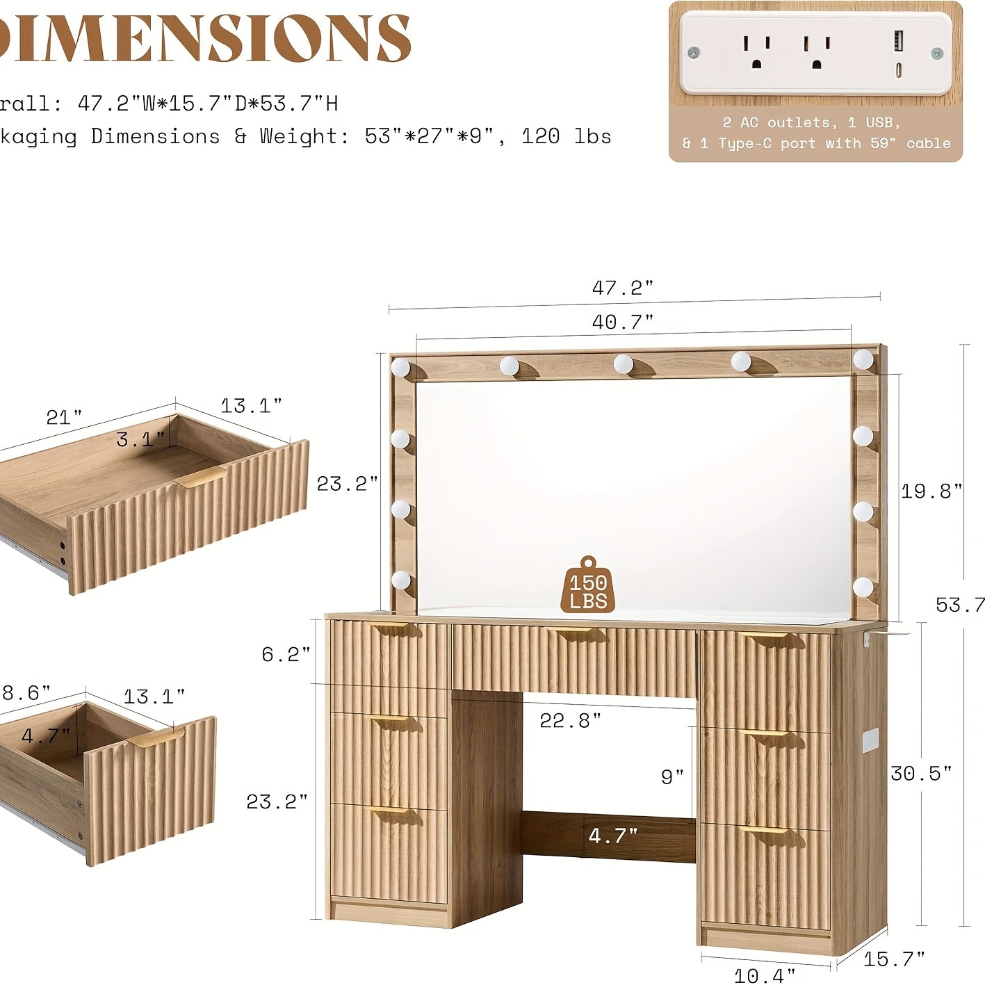 Fluted Vanity Desk With Large Mirror