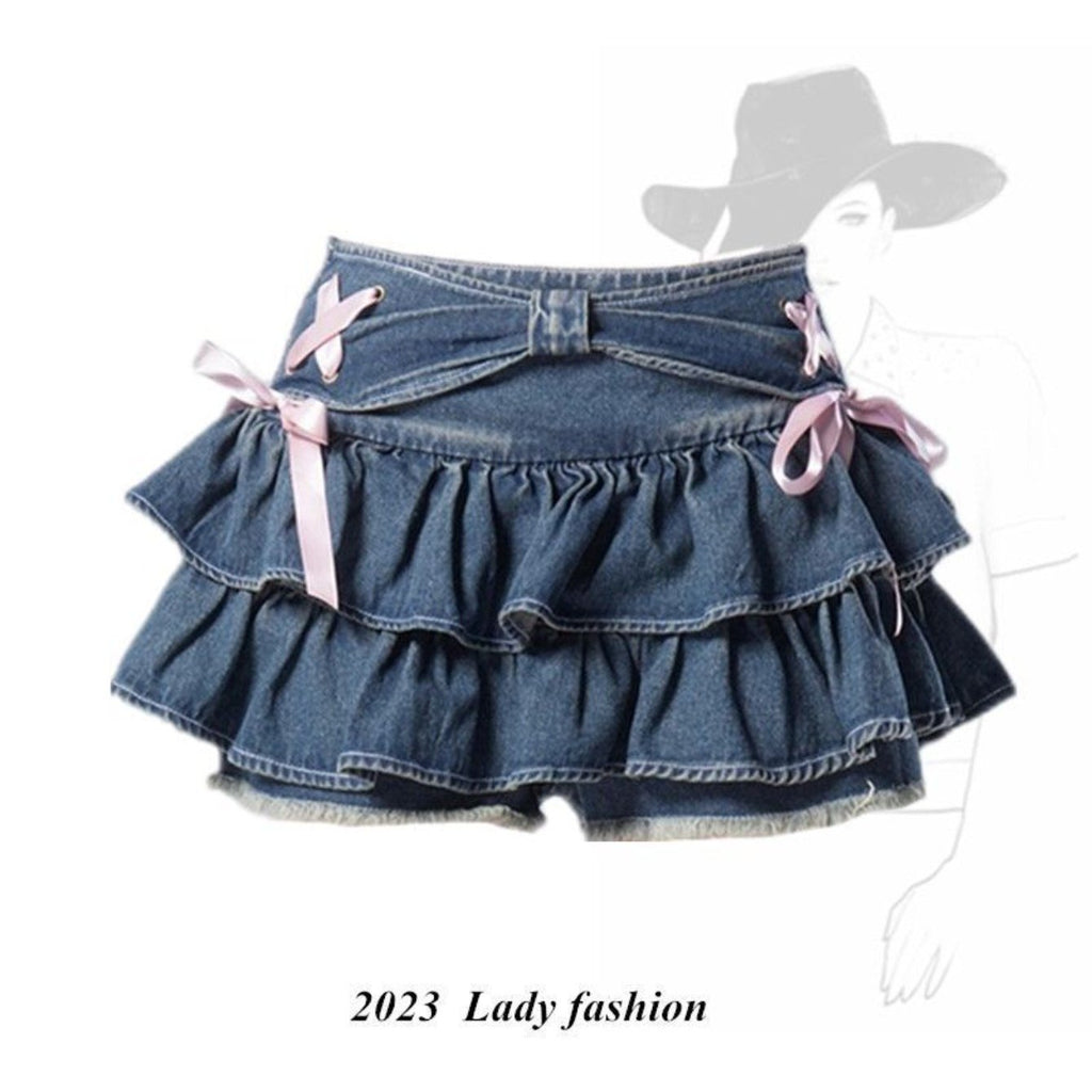 Women'S Blue Denim Pleated Mini Skirt - High Waist Slim Fit A-Line Skirt Shorts with Layered Ruffled Hem, Structured Waist & Smooth Texture, All-Season Versatile Casual to Semi-Formal Outfits, Trendy Fashion Skirt for Women,