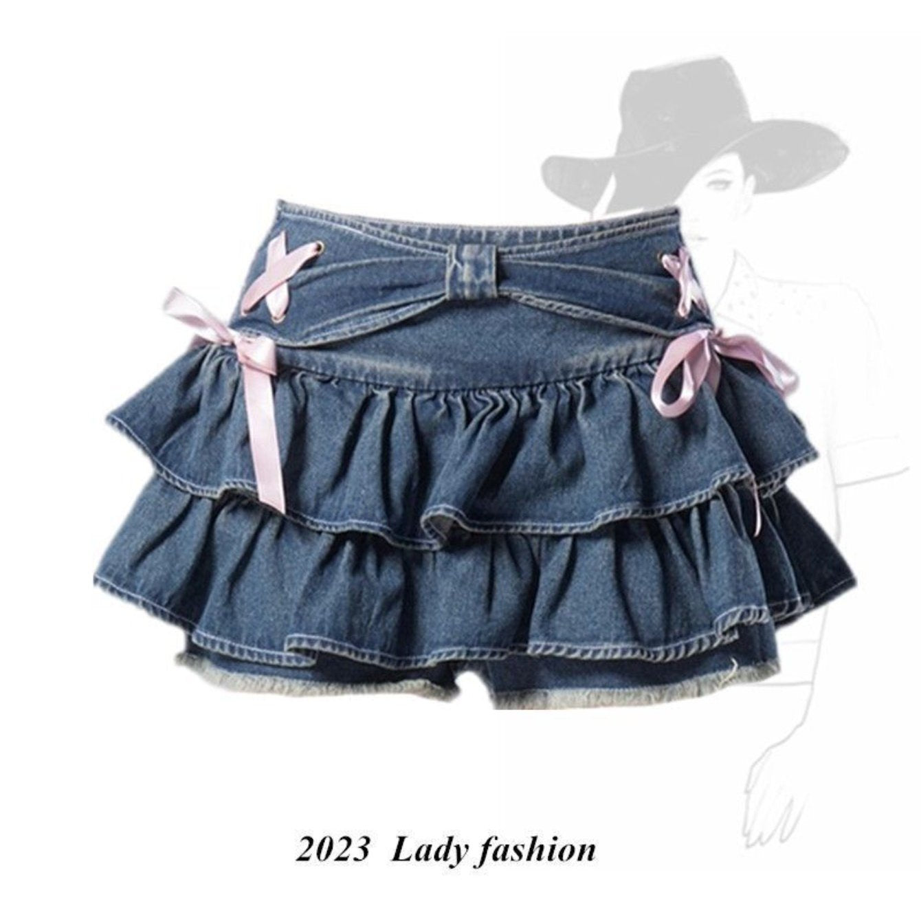 Women'S Blue Denim Pleated Mini Skirt - High Waist Slim Fit A-Line Skirt Shorts with Layered Ruffled Hem, Structured Waist & Smooth Texture, All-Season Versatile Casual to Semi-Formal Outfits, Trendy Fashion Skirt for Women,