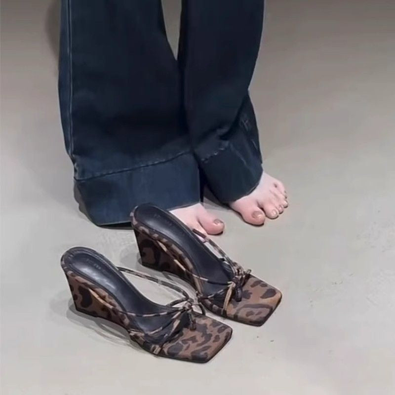 Leopard Print Wedge Heel Slippers