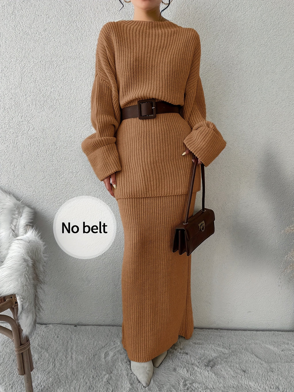 Drop Shoulder Ribbed Crew Neck Sweater Set and Maxi Dress