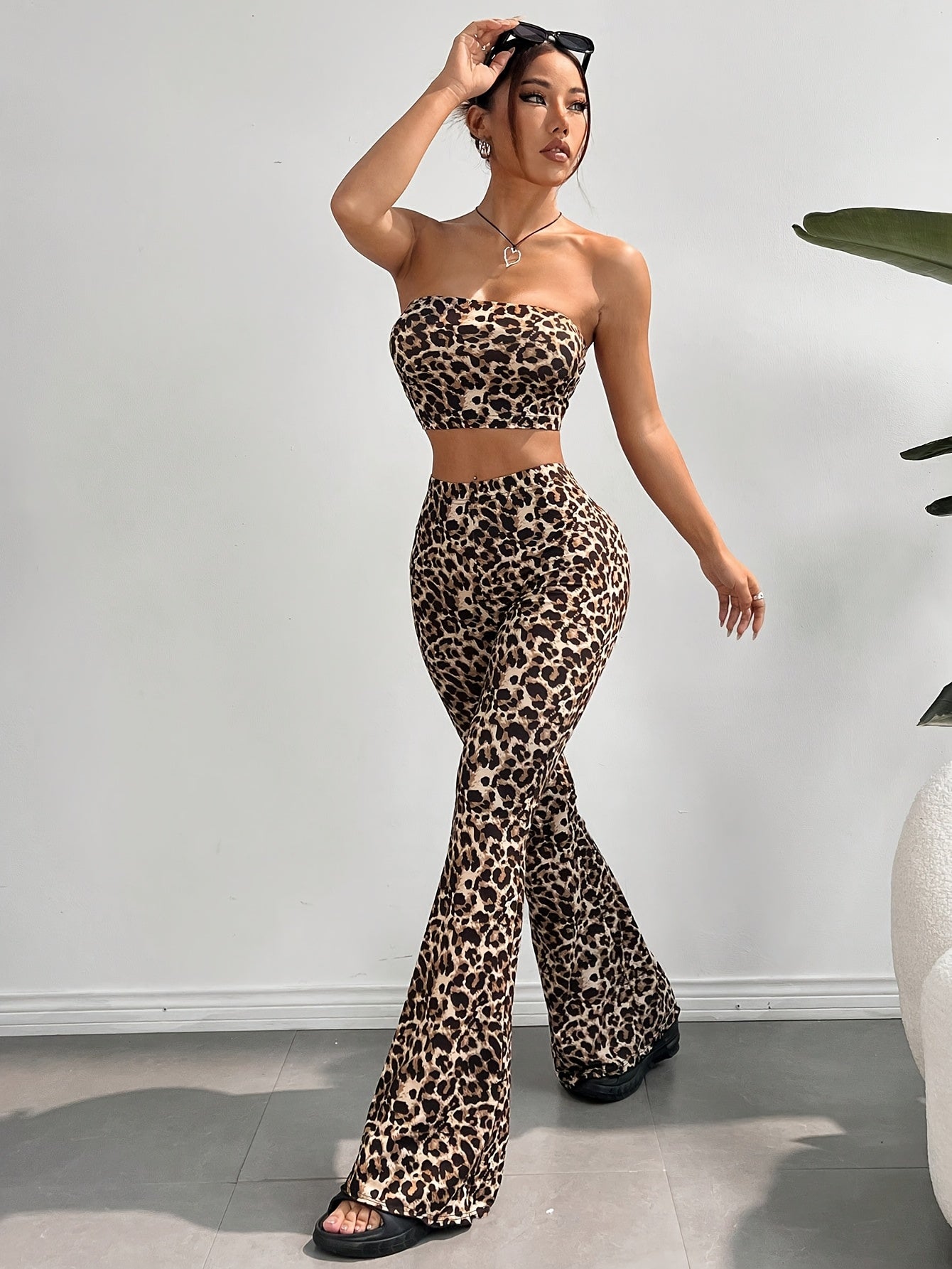 Leopard Print Bodycon Mini Dress with Bell Sleeves and Flared Pants