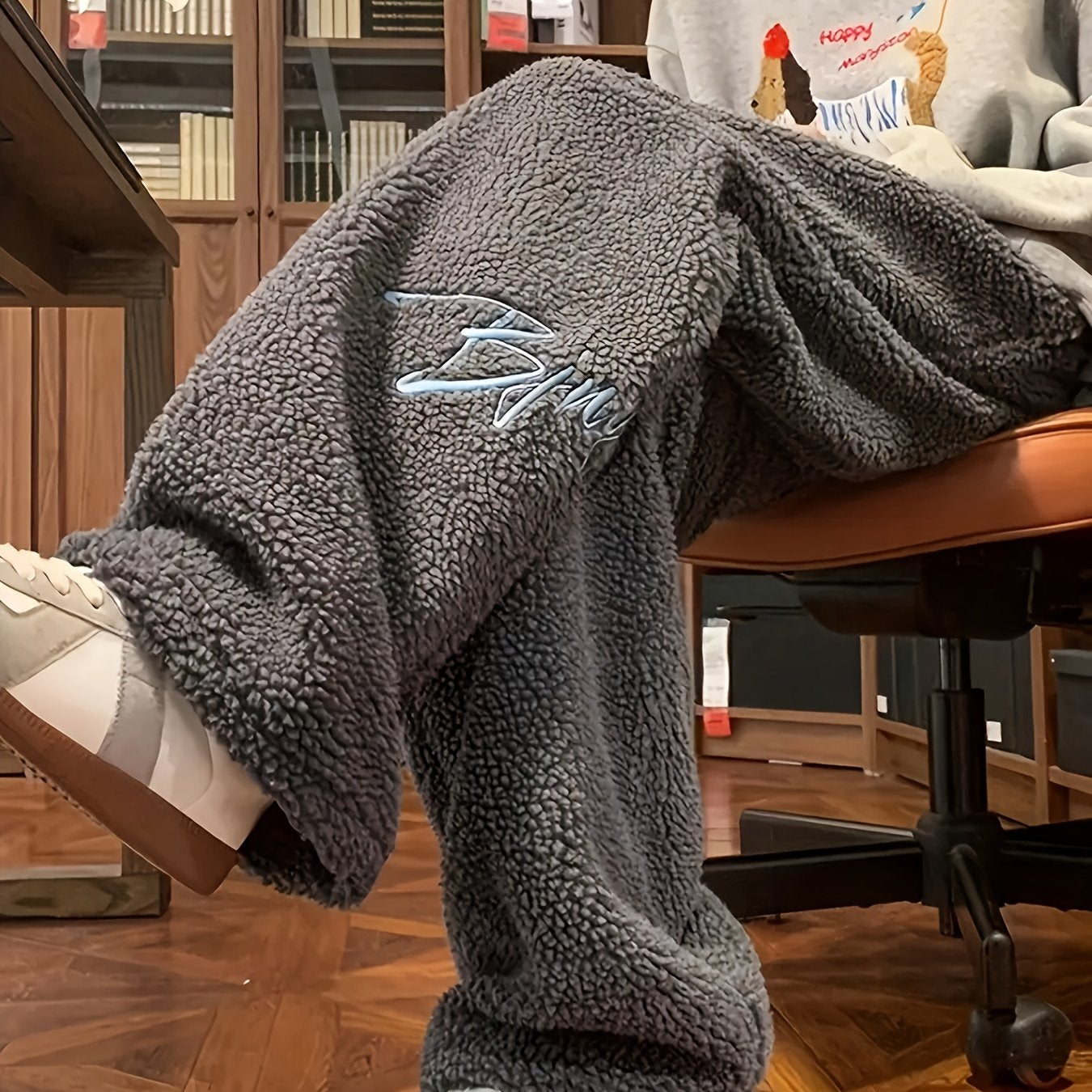 Fleece-Lined Embroidered Casual Pants