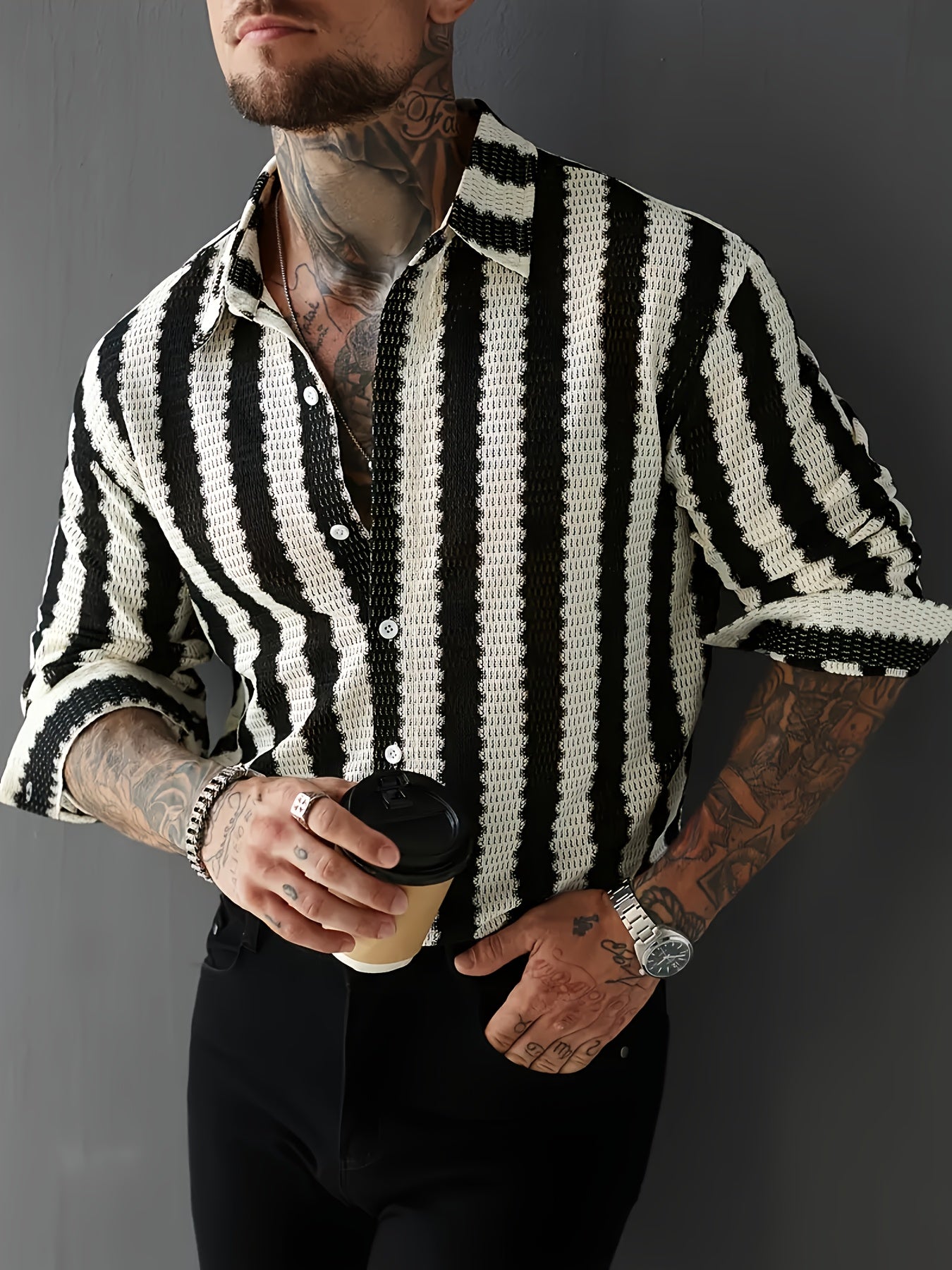 Black & White Houndstooth & Stripe Oversized Casual Shirt