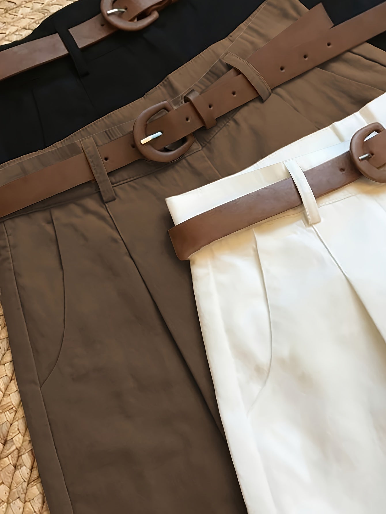 Women'S Elegant Three-Piece Set - Solid Color Shorts with Zipper Pockets, All-Season Casual & Formal Wear, Beige/Black/Brown, Comfortable Fabric