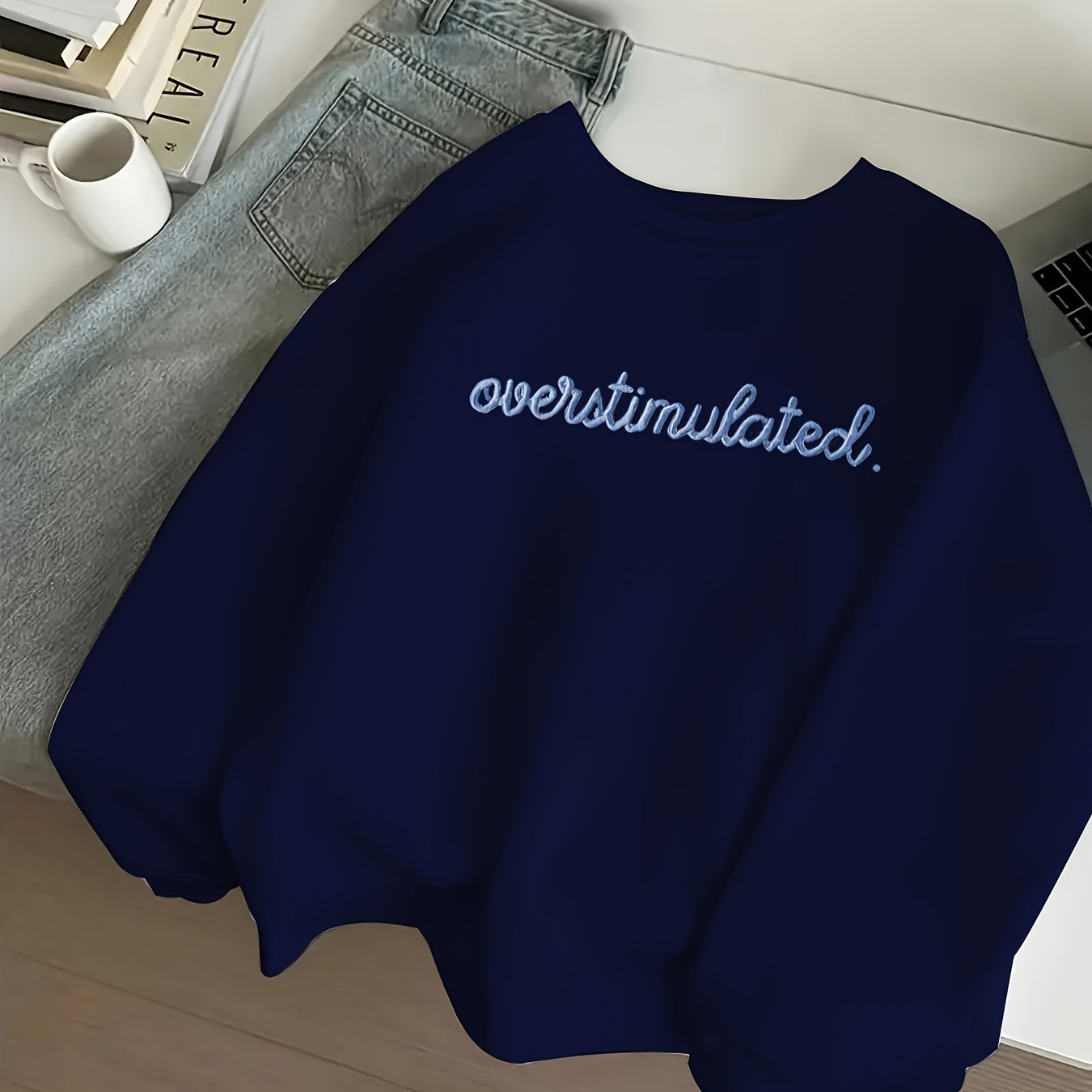 Women'S Sporty Casual Letter Print Crew Neck Sweatshirt - Cozy Fleece-Lined, Machine Washable, Black with "OVERSTIMULATED" Design, Perfect for Fall/Winter, Casual Sportswear | Relaxed Fit Sweatshirt | Machine Washable Top, Sw
