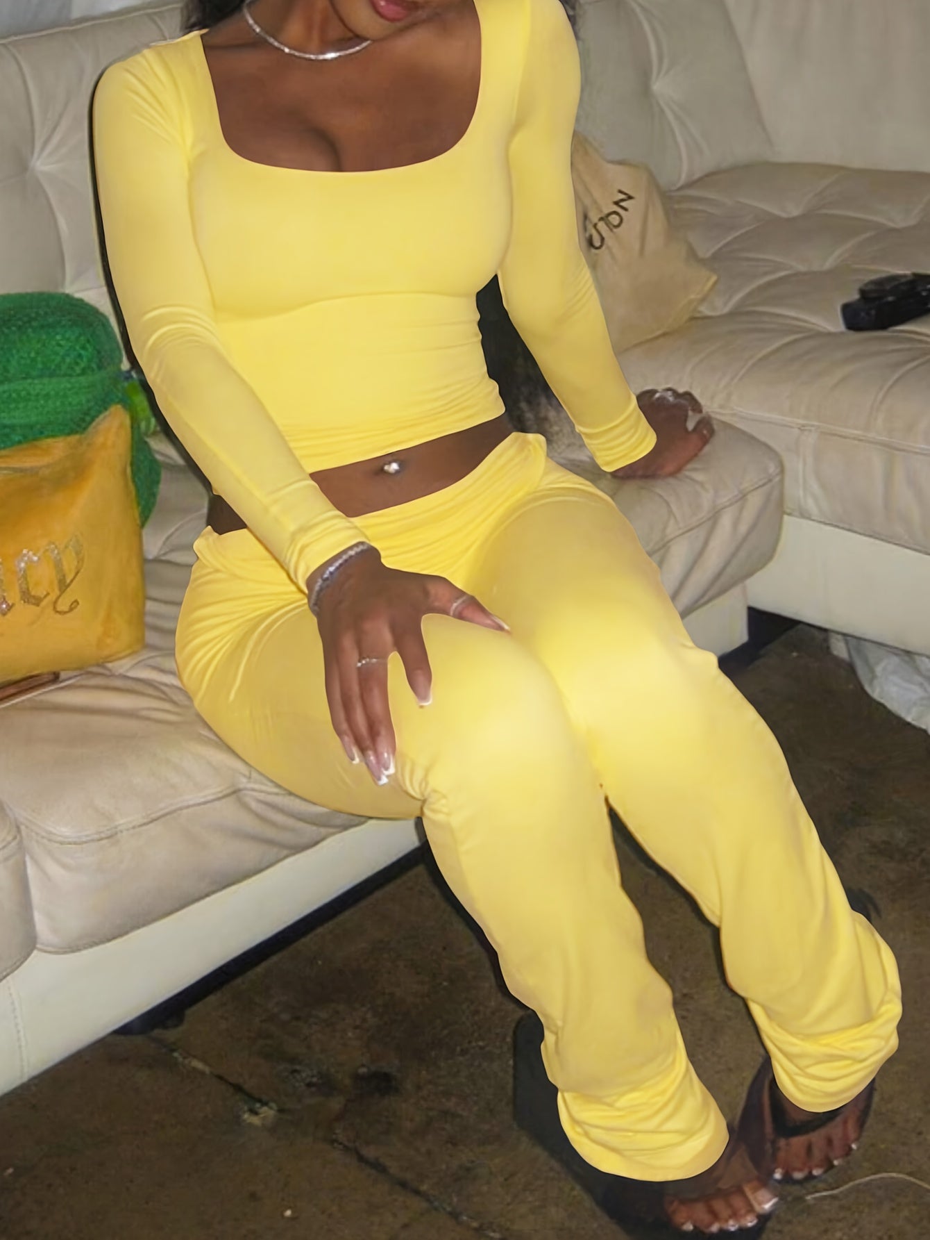 Square Neck Crop Top & Wide-Leg Pants Set