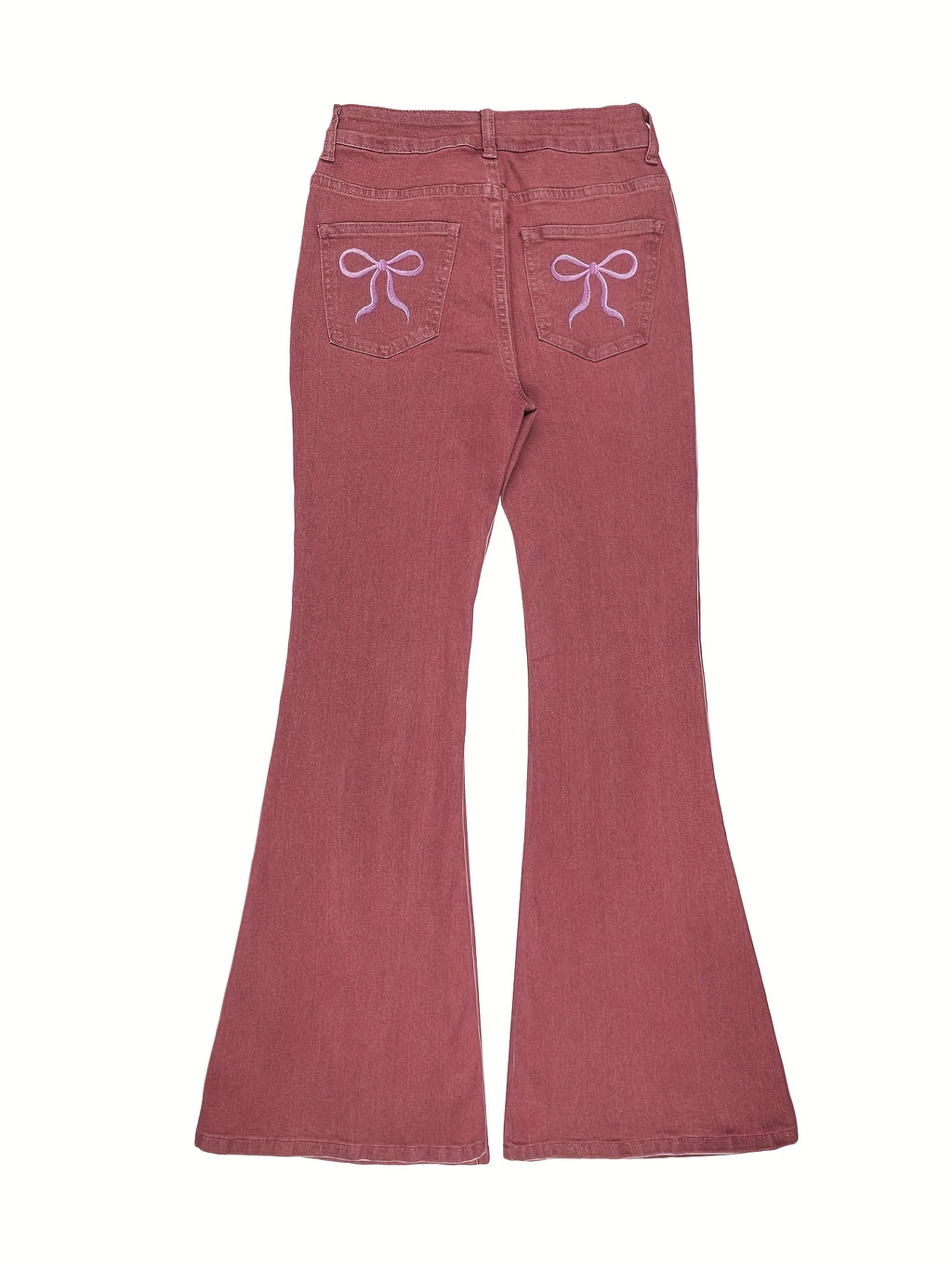 Women'S High-Waisted Stretch Denim Flare Jeans with Embroidered Bow Detail, Street Style Casual Pants, All-Season Comfort, Blue, High Waisted Jeans, Comfortable Fashion, Durable Fabric