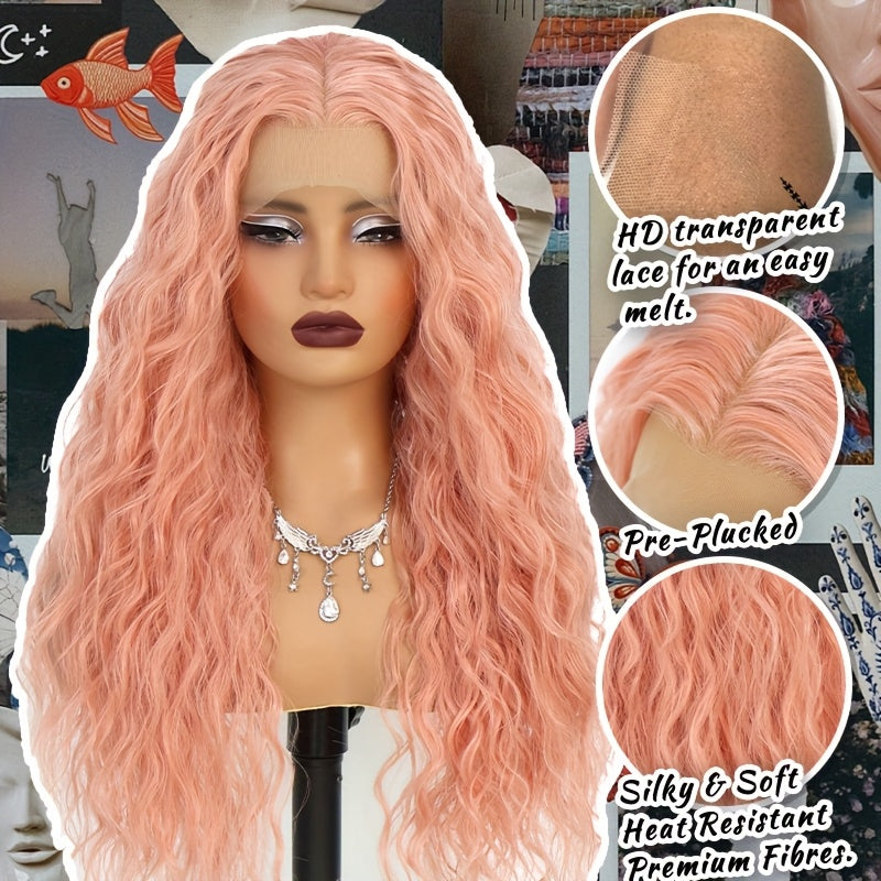 13x4 Pink Wigs Deep Wave Curly Wave Lace Front Wigs HD Lace Glueless Lace Front Wig Pre Plucked Heat Resistant Fiber Wig For Fashion Women Girls Party Vacation Daily Used Valentine'S Day 28inch