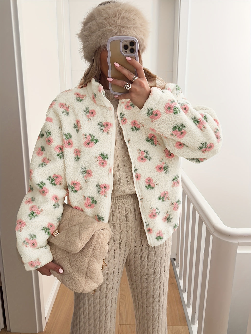 Women'S Floral Plush Cardigan Jacket - Cozy Fall/Winter Outerwear with Drop Shoulder Sleeves, Zip-Up Design, and Button Details, Lightweight & Warm for Casual Wear, Casual Wear Jacket | Floral Cardigan | Zippered Jacket
