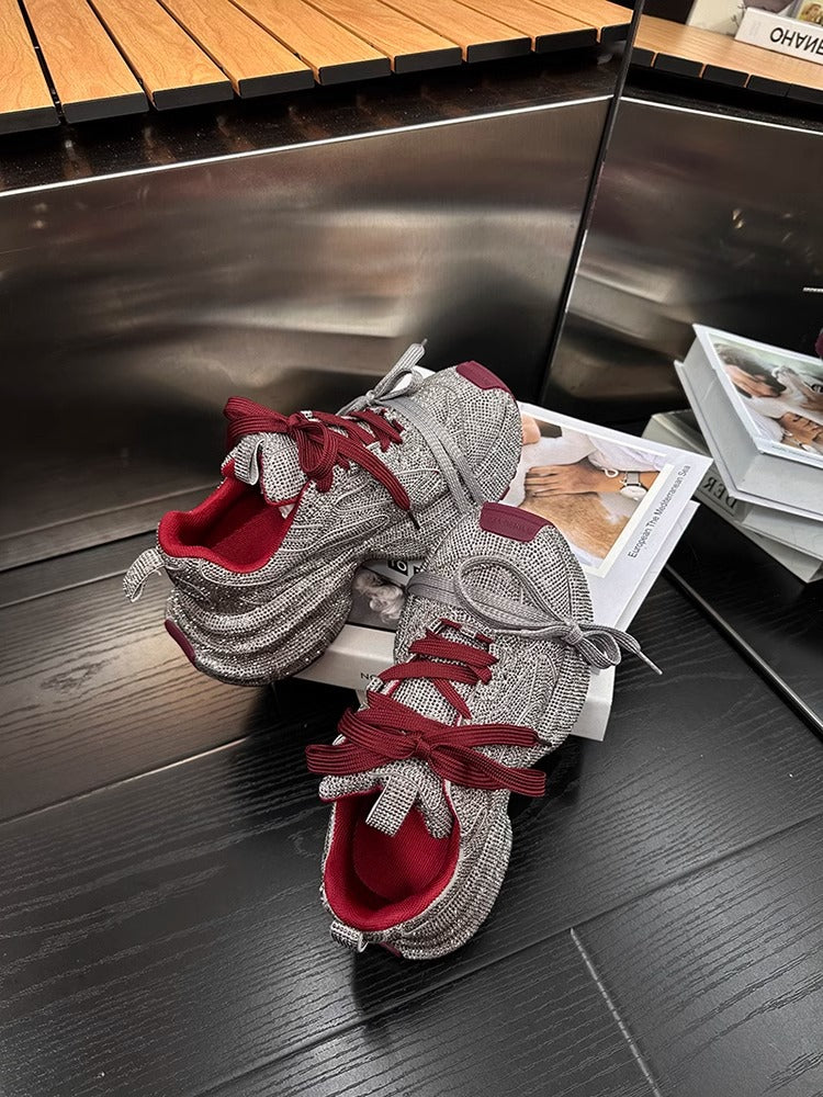Rhinestone-Adorned Thick-Soled Dad Sneakers