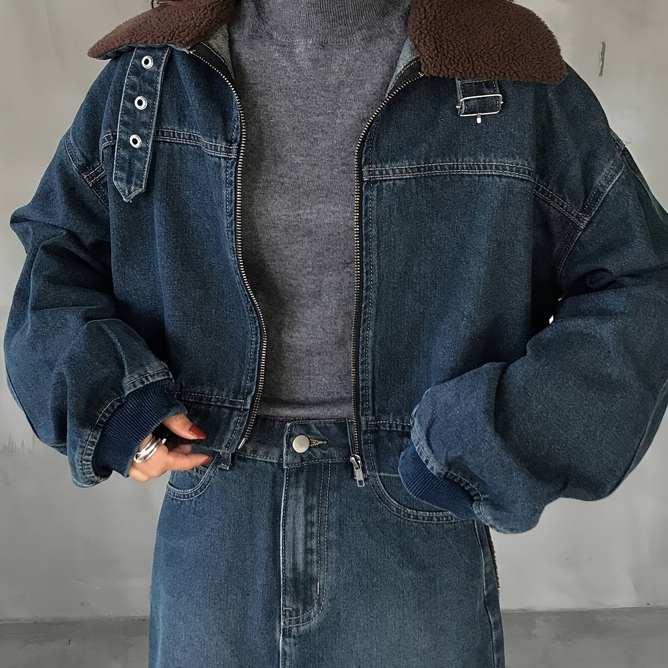 Denim Jacket with Teddy Fleece Collar & Lapel