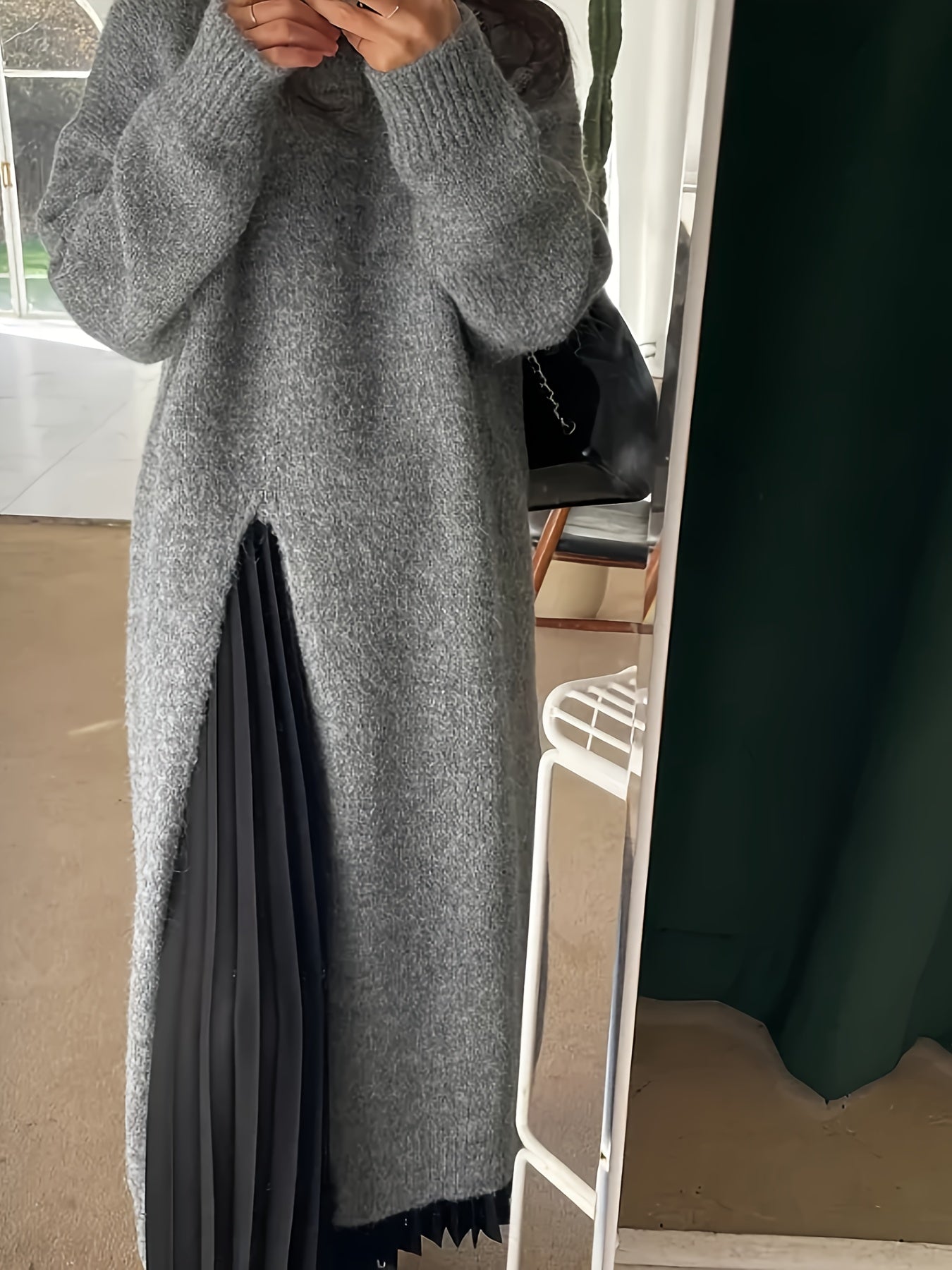 Long Sleeve Crew Neck Dress with Side Slit