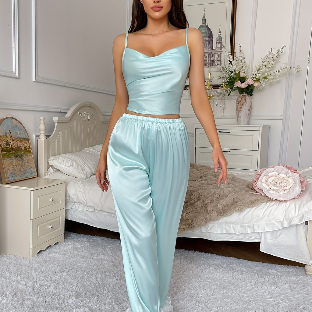 Satin Tie-Back Lace Comfortable Camisole Pajamas and Long Pants
