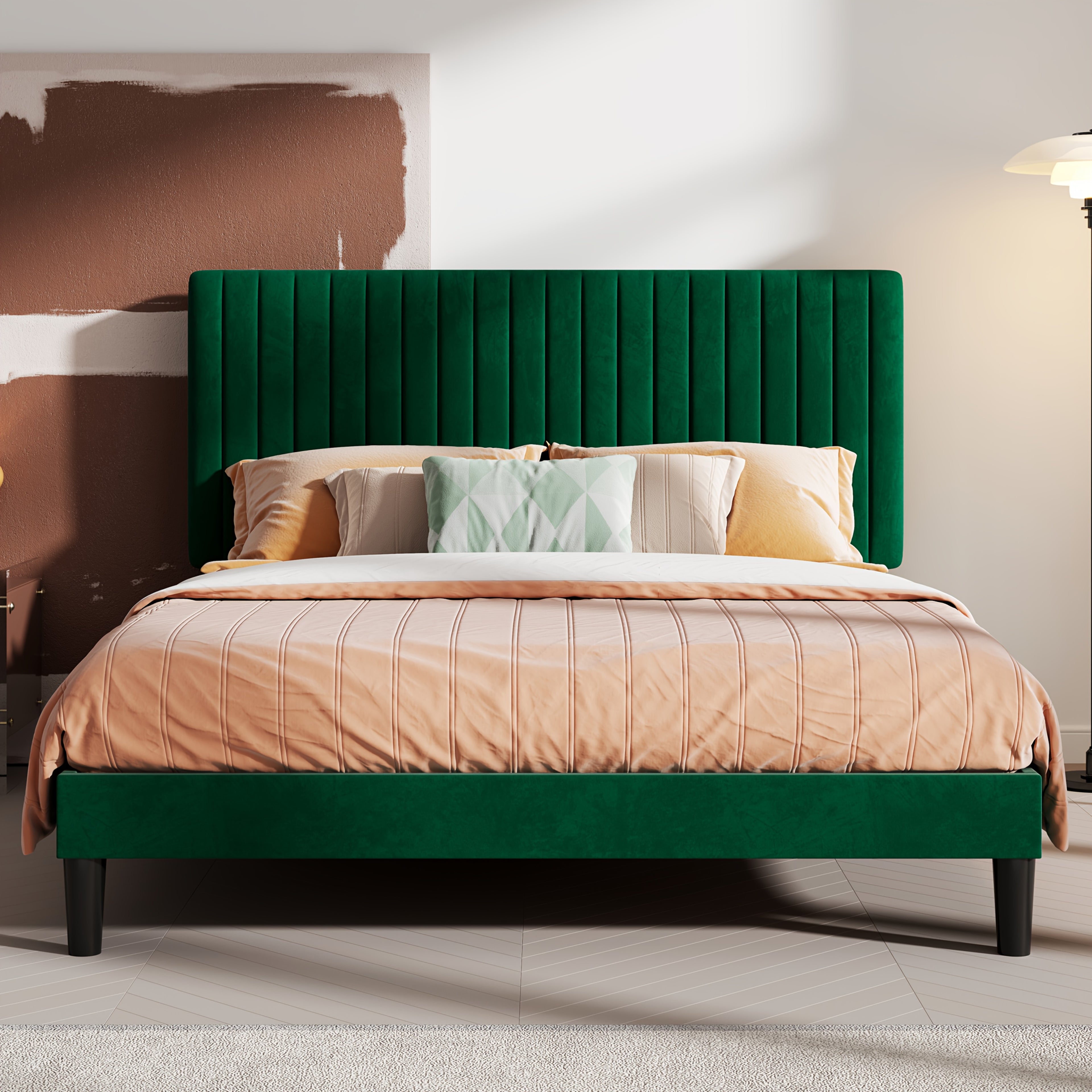 Modern Velvet Upholstered Bed Frame with Adjustable Headboard