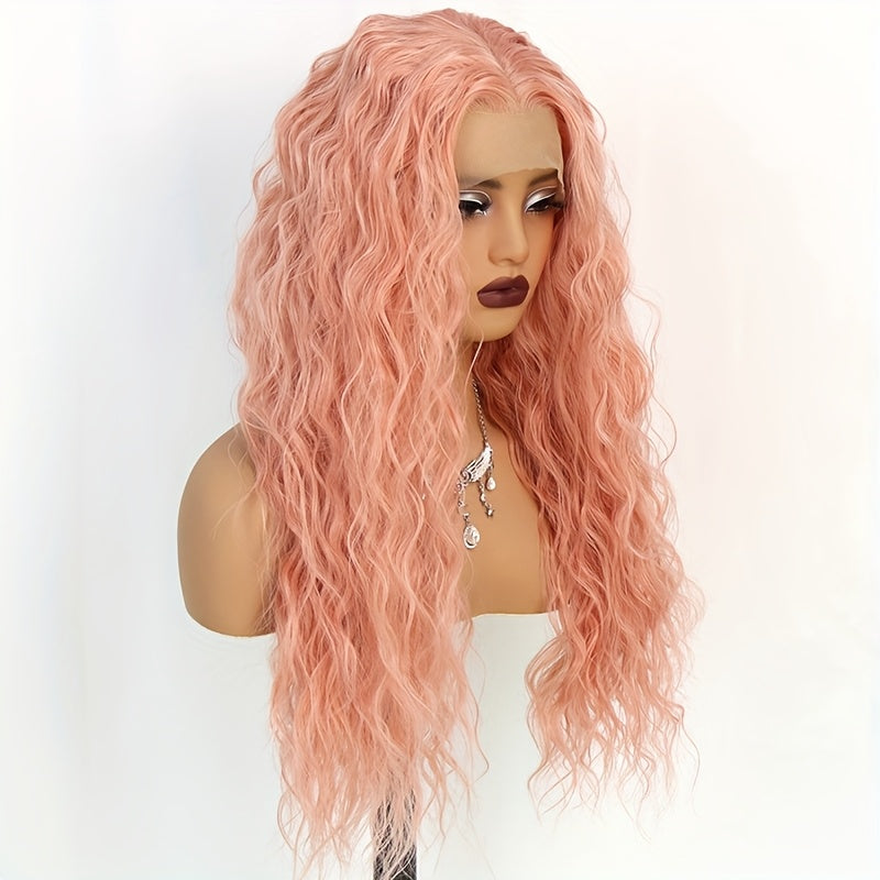 13x4 Pink Wigs Deep Wave Curly Wave Lace Front Wigs HD Lace Glueless Lace Front Wig Pre Plucked Heat Resistant Fiber Wig For Fashion Women Girls Party Vacation Daily Used Valentine'S Day 28inch