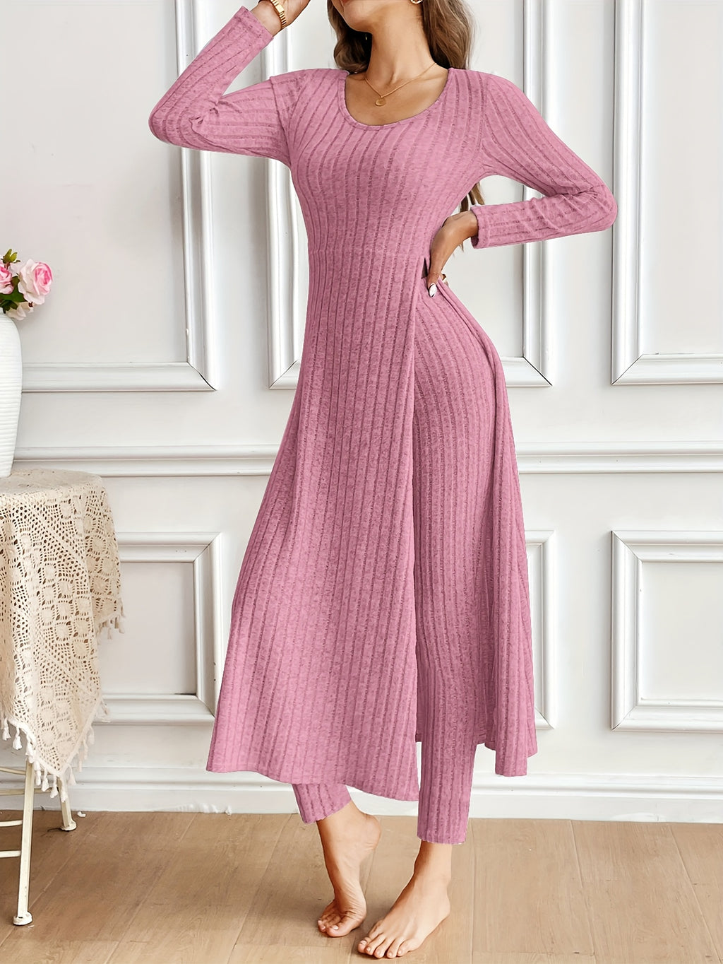 Two-piece Set of Ribbed Long-sleeved Top and Pants