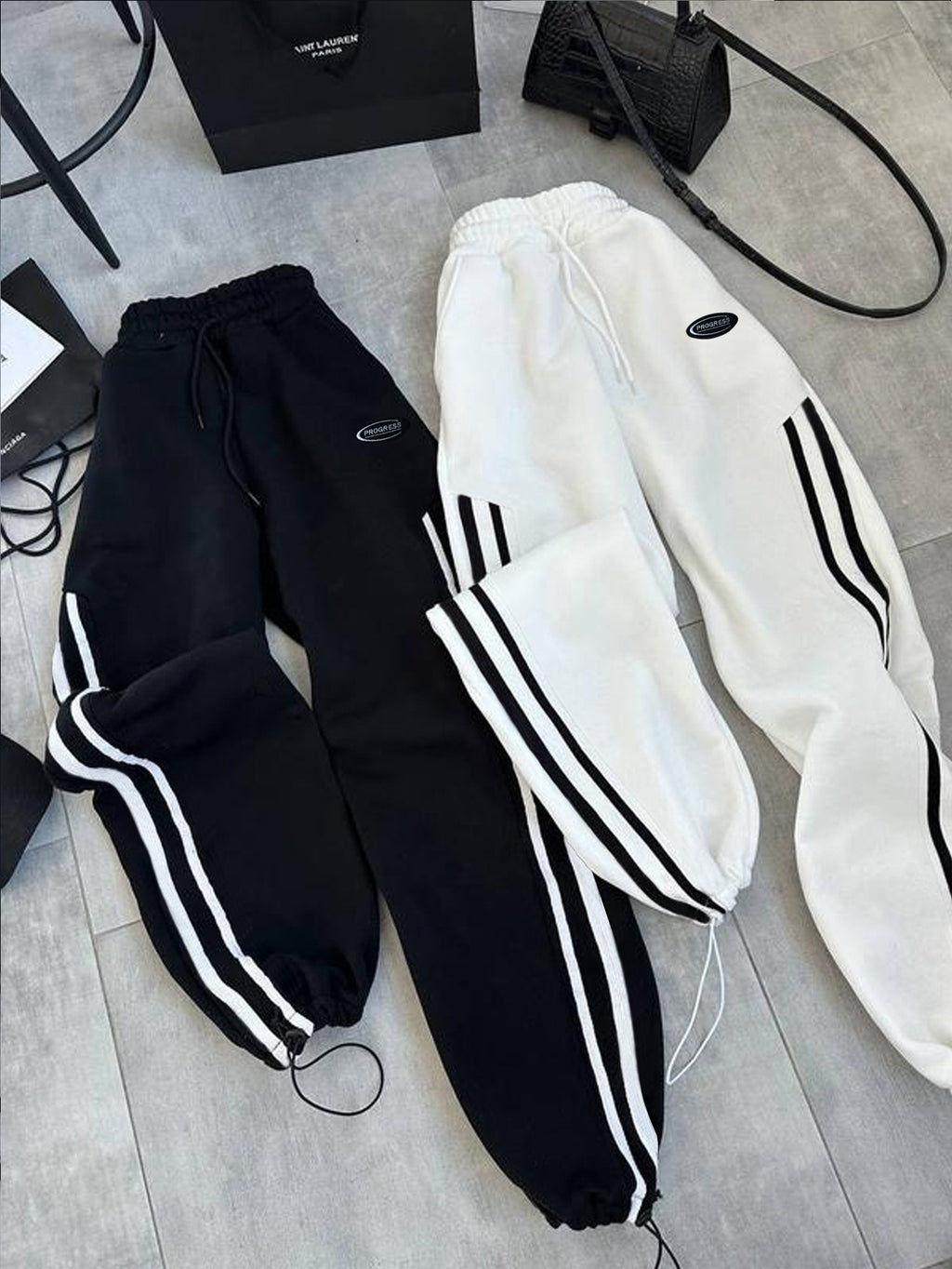 {2pcs} Striped Pants with High Waist and Elastic Waistband