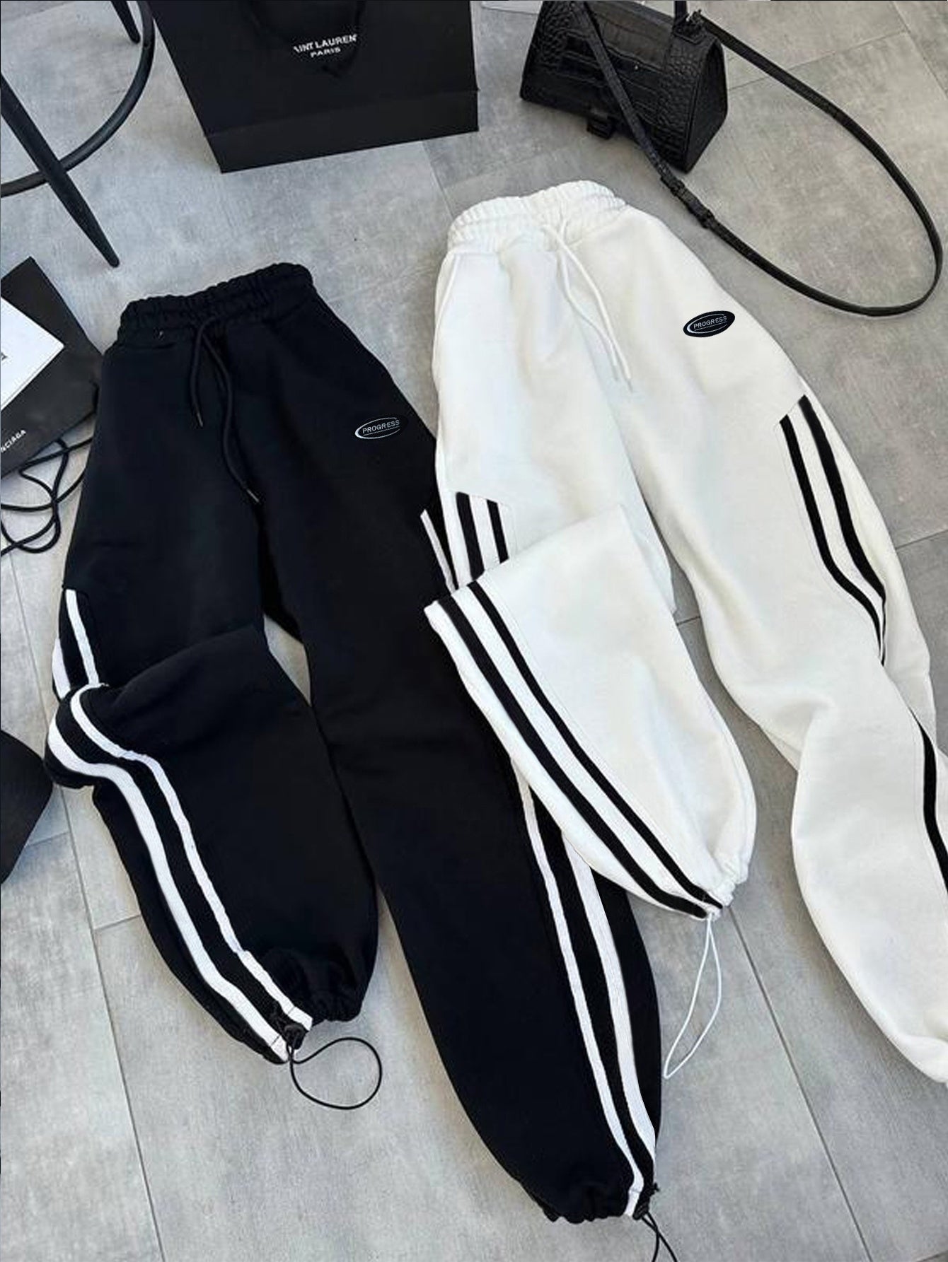 {2pcs} Striped Pants with High Waist and Elastic Waistband