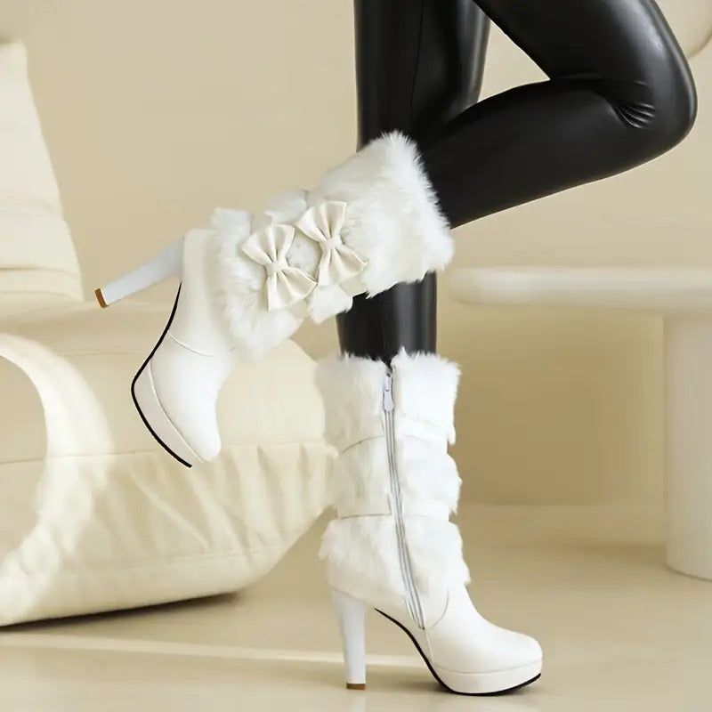 Faux Fur-Lined Stiletto Heel Knee-High Winter Boots with Bow Detail & Side Zipper