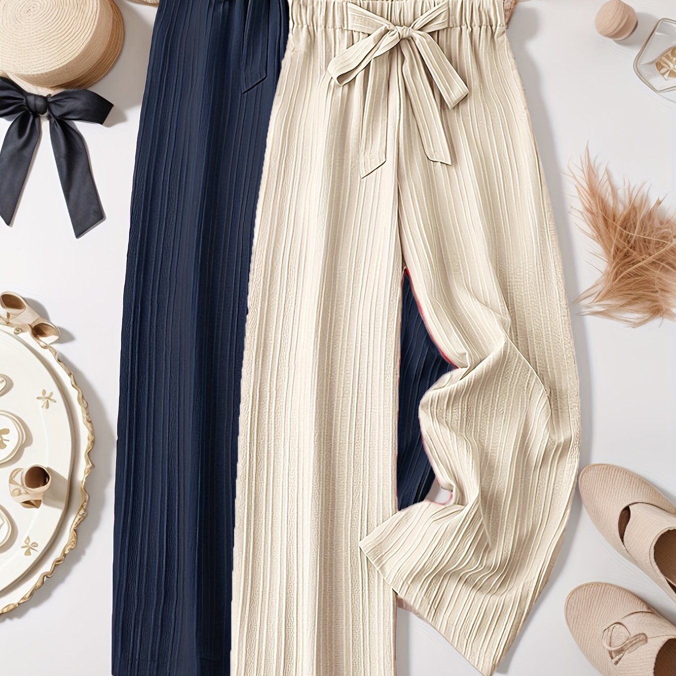 Two-Pack Pleated Striped Pants with Bow Detail