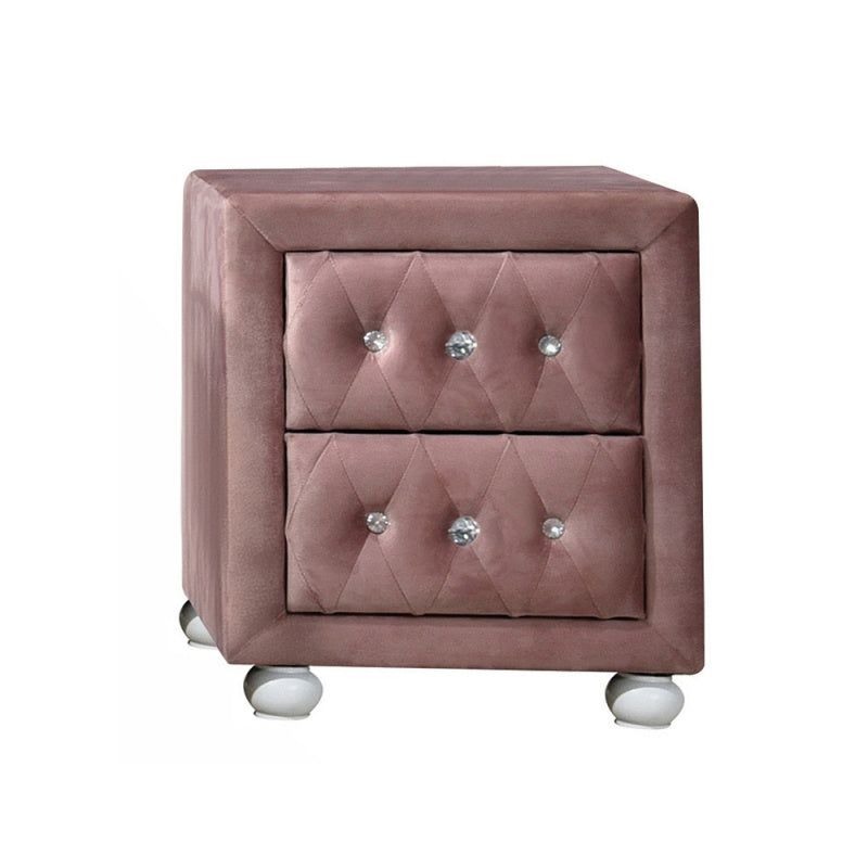 Mauve Velvet Tufted Nightstand with Crystal Knobs - 2-Drawer Upholstered Bedside Table