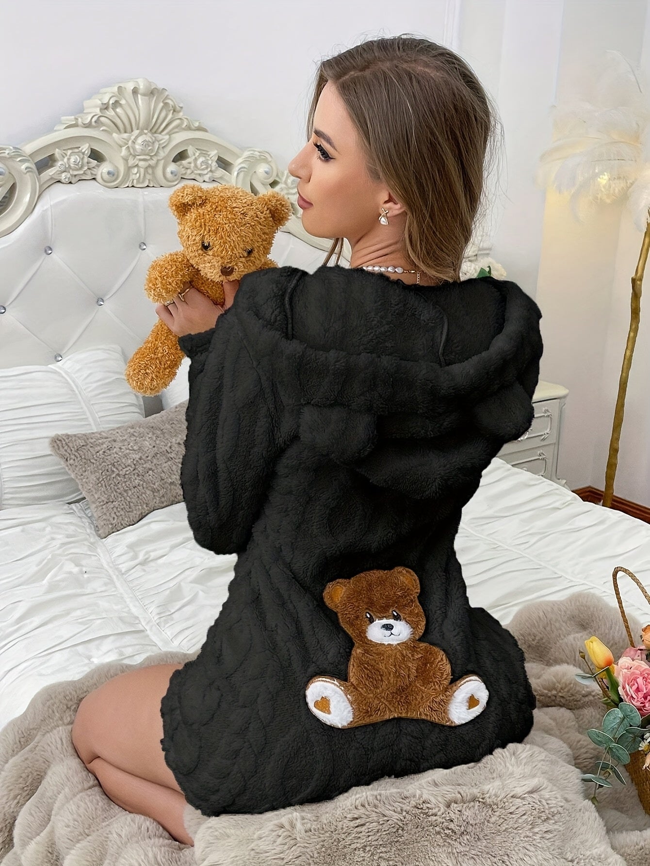 Fleece Hooded Onesie with Bear Print & Zipper Closure