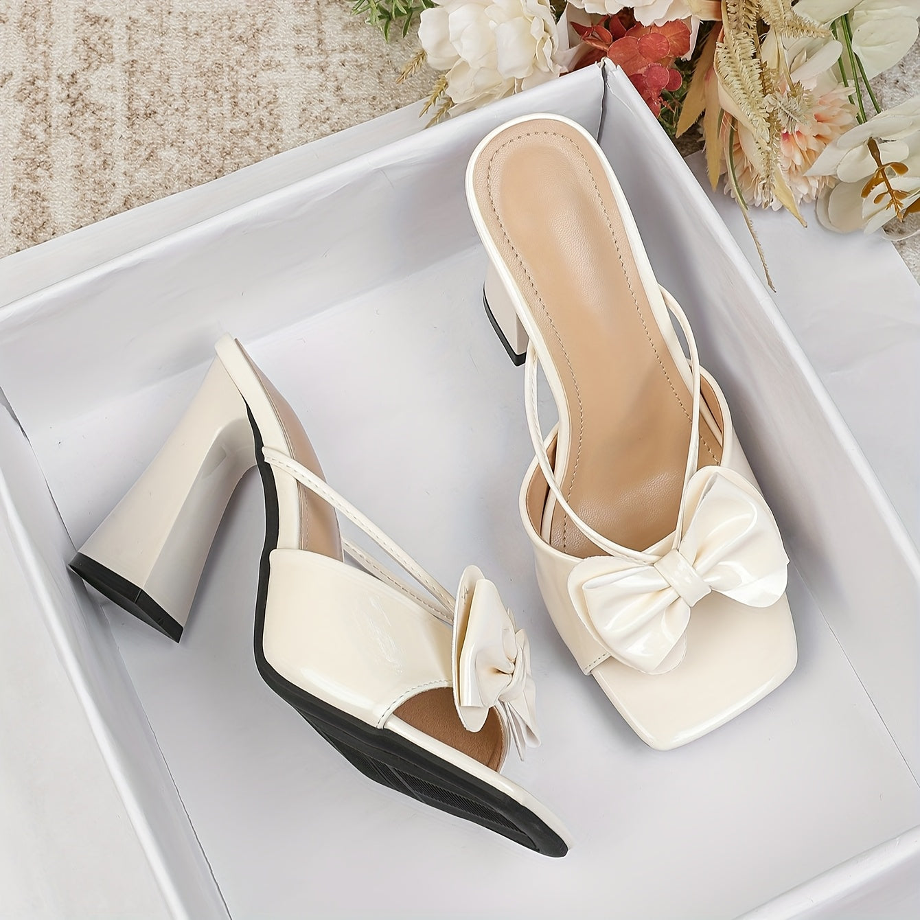 Chunky Heel Slip-On Sandals with Bow Detail