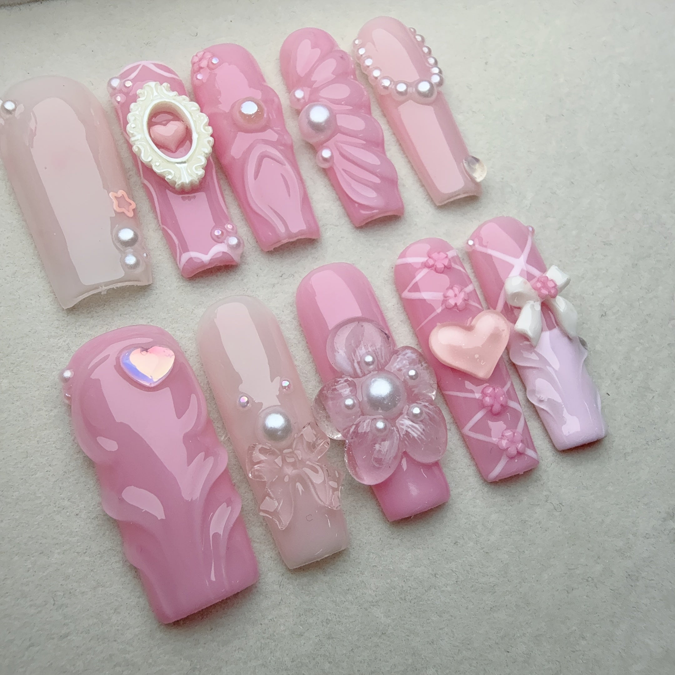 10pcs Full Coverage Reusable Nail Stickers - Long Rectangular Shape with Pink & Gradient, Glossy Finish, Heart & Flower Design, Perfect for Valentine'S Day, And Romantic Nail Art, Nail Stickers For Nail Art, Valentine'S Day N
