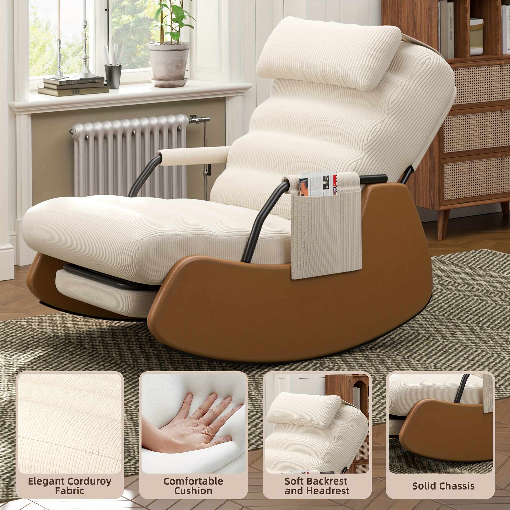 Nursery Glider Rocking Chair with Soft Cushioned Seat & Headrest