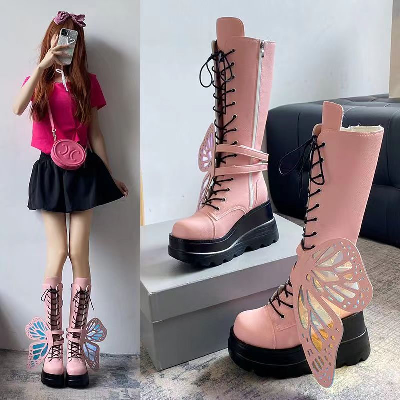 Punk Gothic Chunky Platform Boots with Butterfly Lace-Up Ankle & Calf Straps