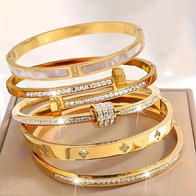 {5pcs} Elegant Stainless Steel Bracelet Set with Cubic Zirconia