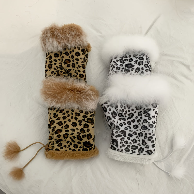 Leopard Print Plush Faux Fur Mittens