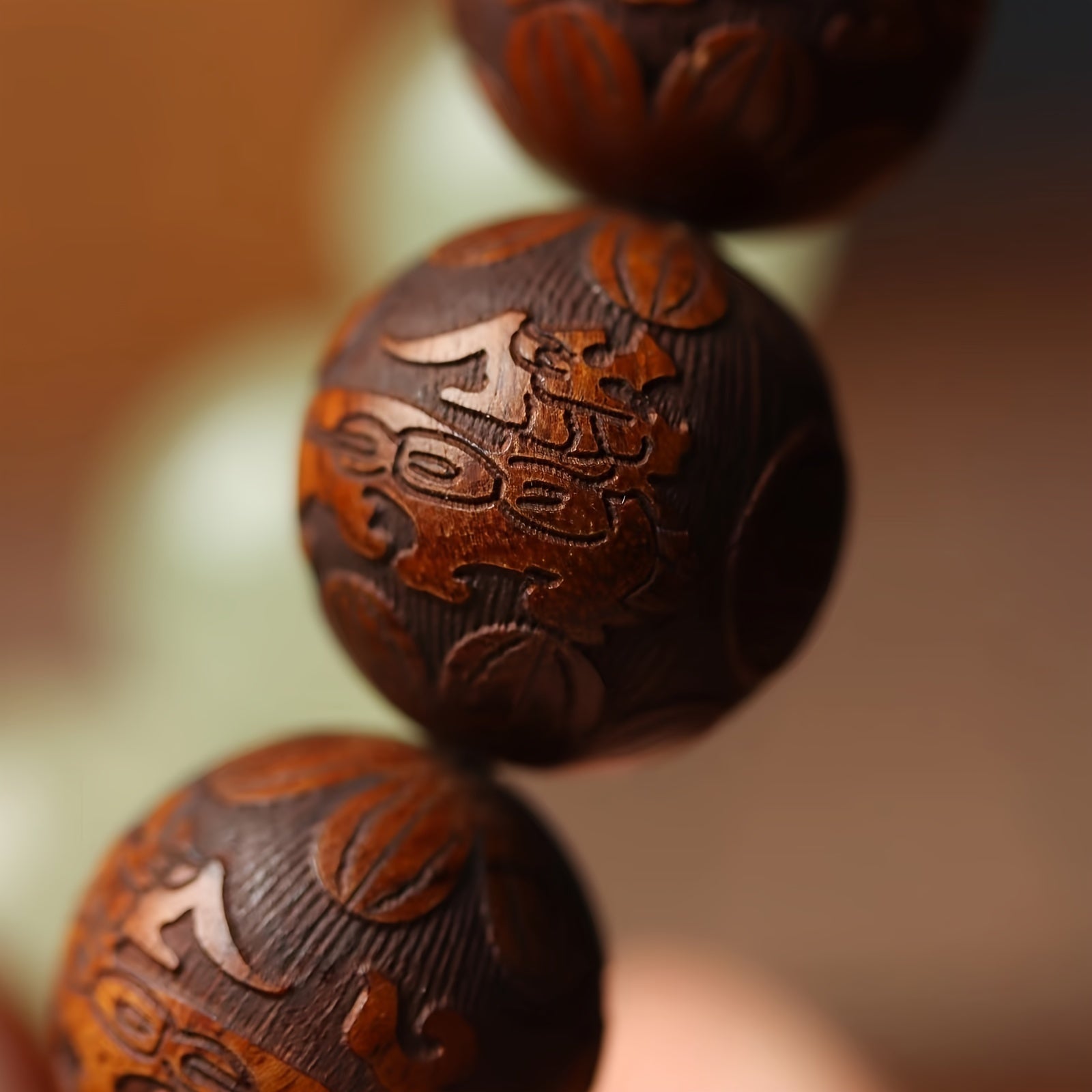 Sandalwood Pear Wood Carved Luminous Beads String with Fortune Words