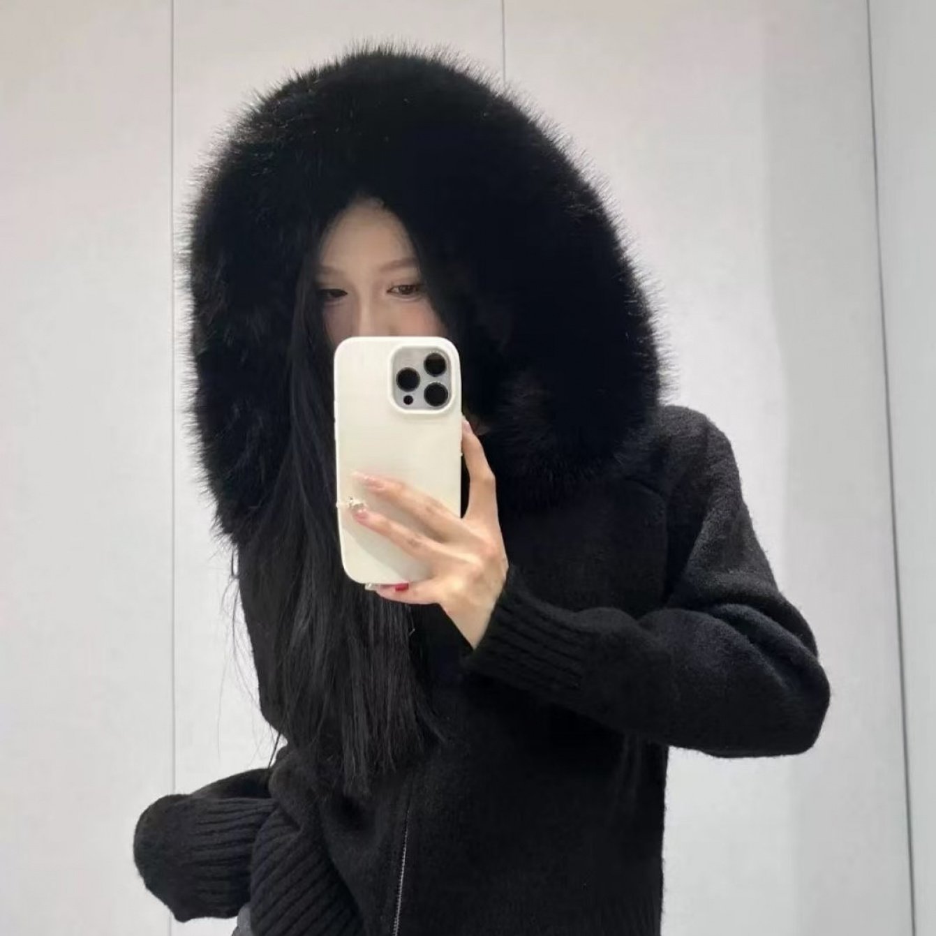 Women's Korean Retro Oversized Sweater Coat with Fur Collar & Hood - Long Sleeve Casual Winter Coat, Machine Washable Loose Fit Sweater Jacket for Women, Versatile Spring/Fall Outerwear (Black/White/Gray/Navy) - Solid Color D