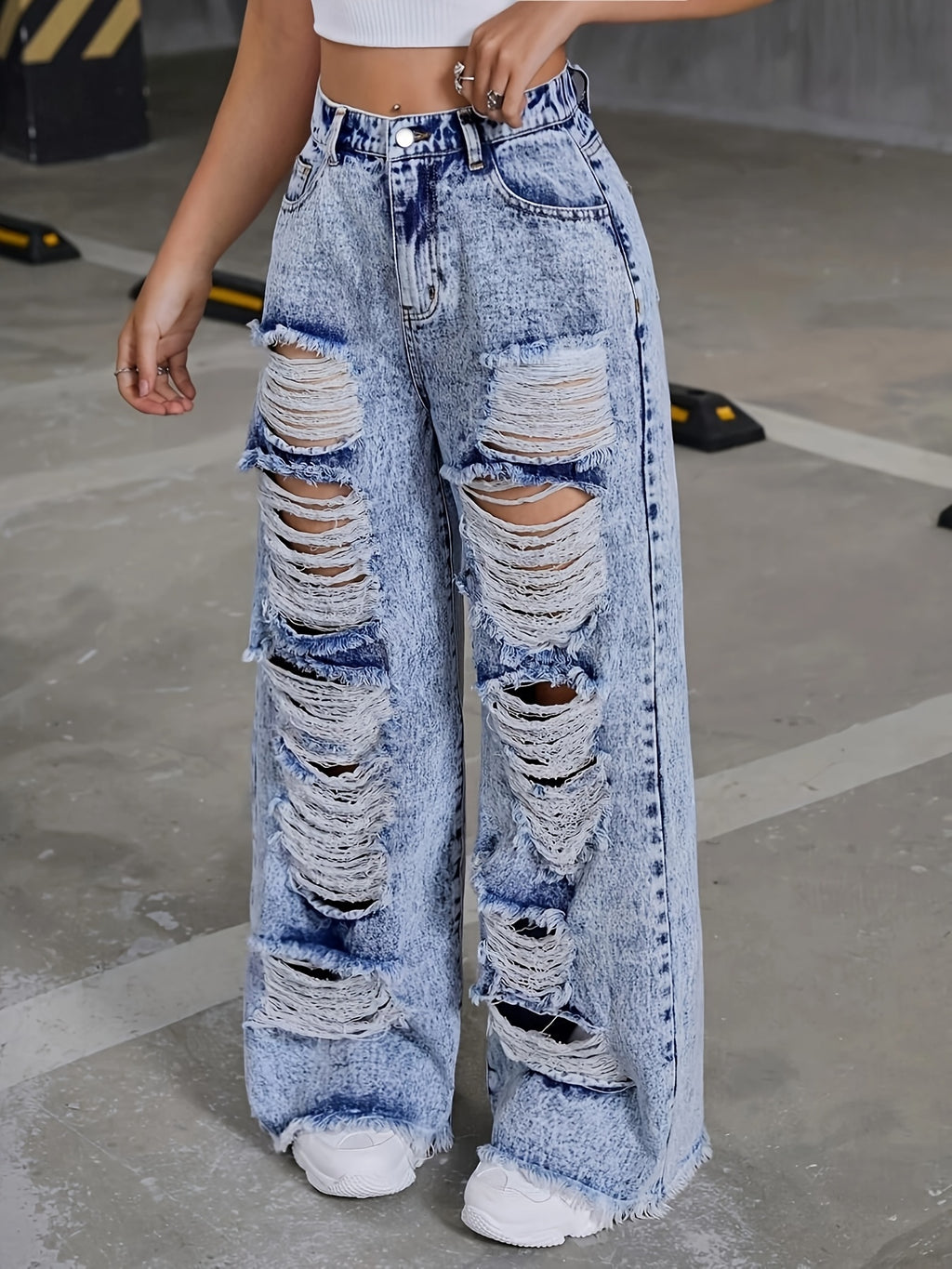 Women'S High-Rise Straight Leg Distressed Denim Jeans - Street Style Raw Hem Ripped Details, Machine Washable Non-Stretch Jeans for All-Season Casual Wear, High Waisted Jeans, Allseason Jeans, Streetstyle Jeans, Nonstretch Fa